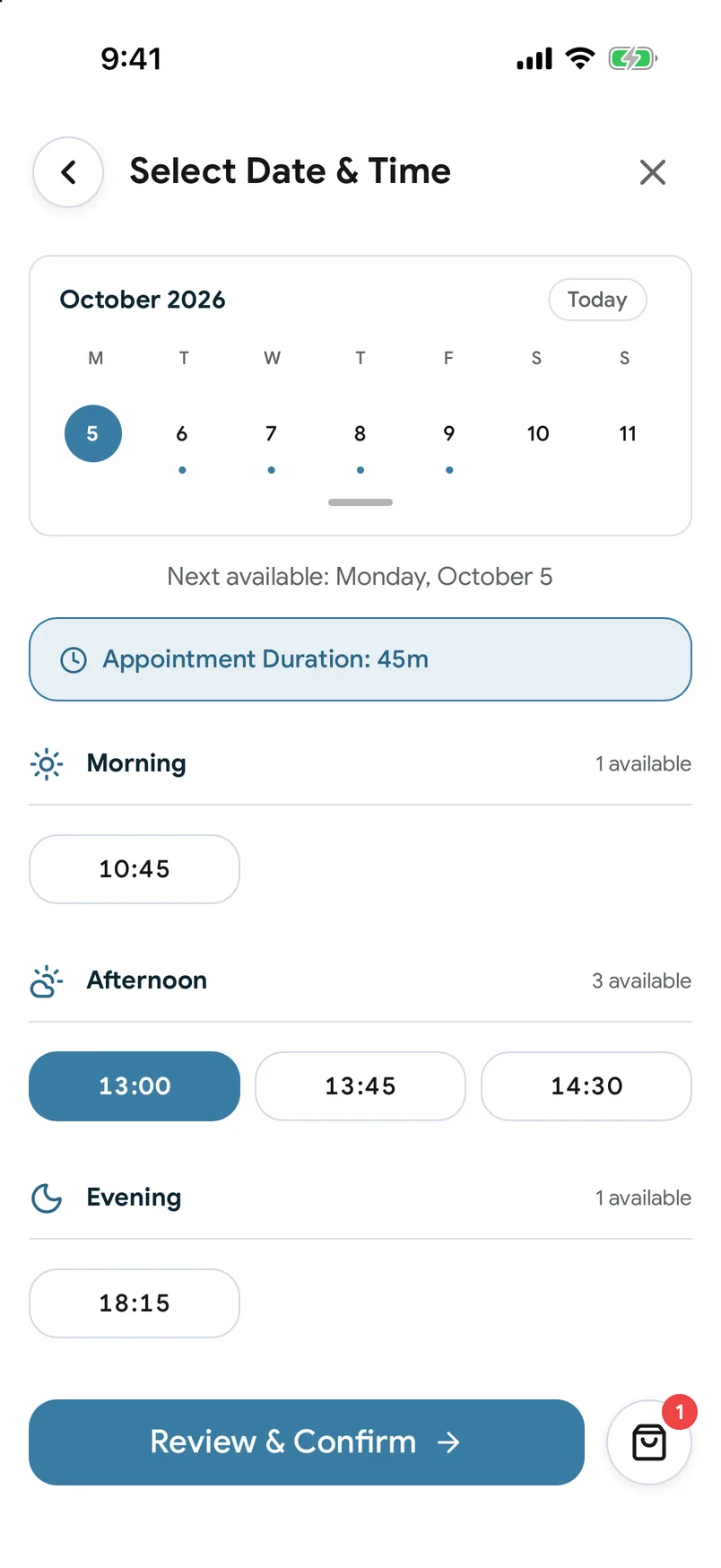 A business listing in the EasyBook app, with open times and a Book button