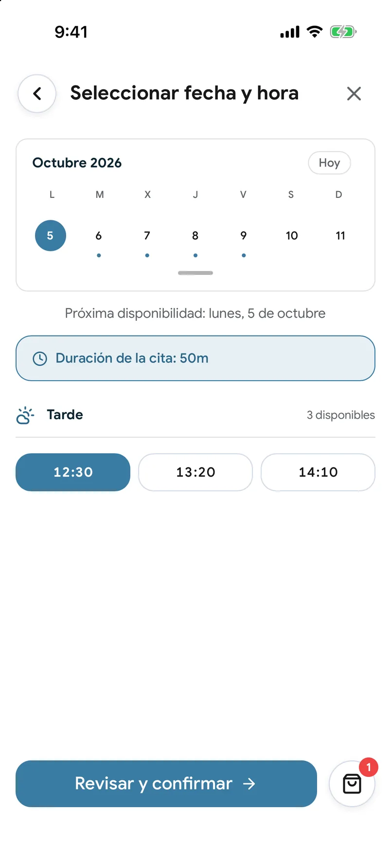 Ficha de un negocio en la aplicación EasyBook, con los horarios de apertura y un botón «Reservar»