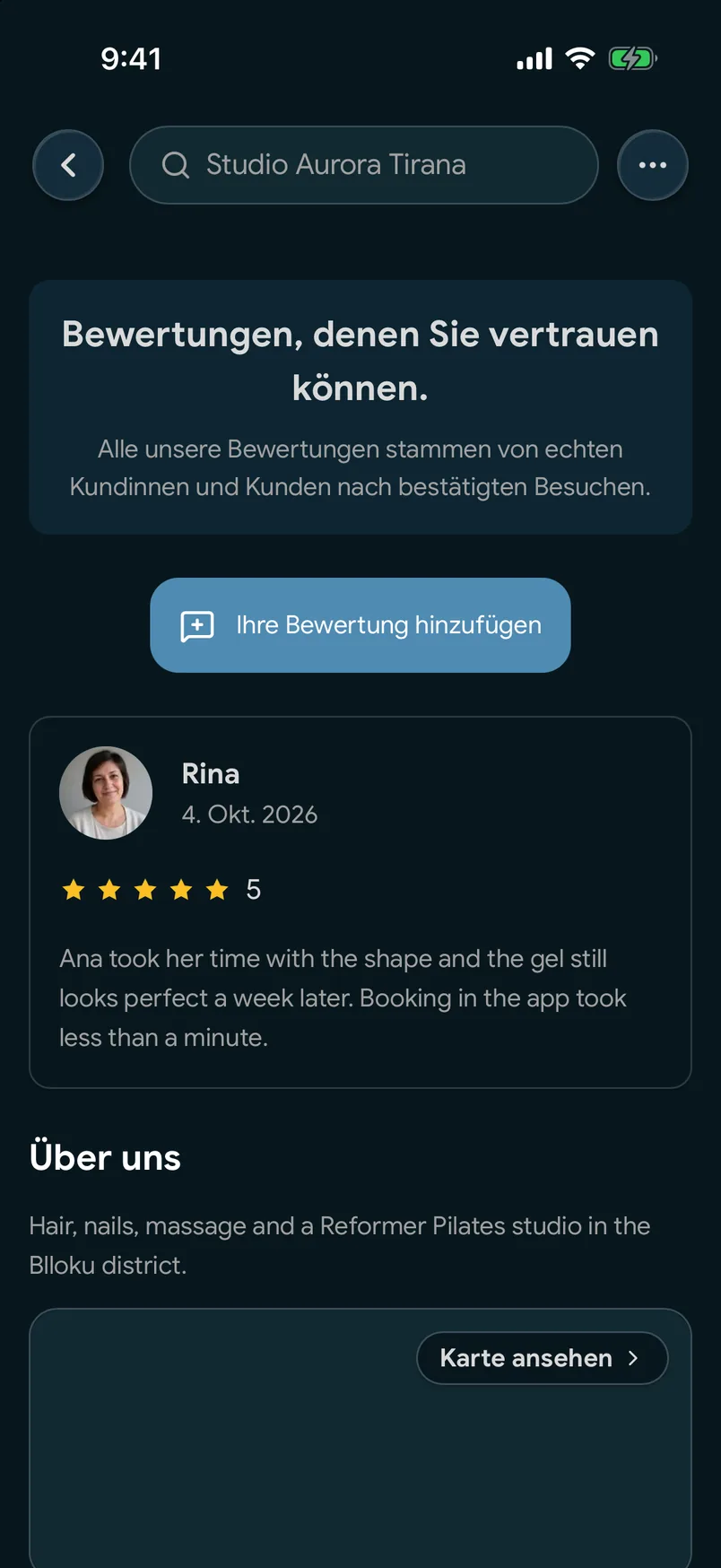 Bewertungen von abgeschlossenen Besuchen auf einer Standortseite in der EasyBook-App
