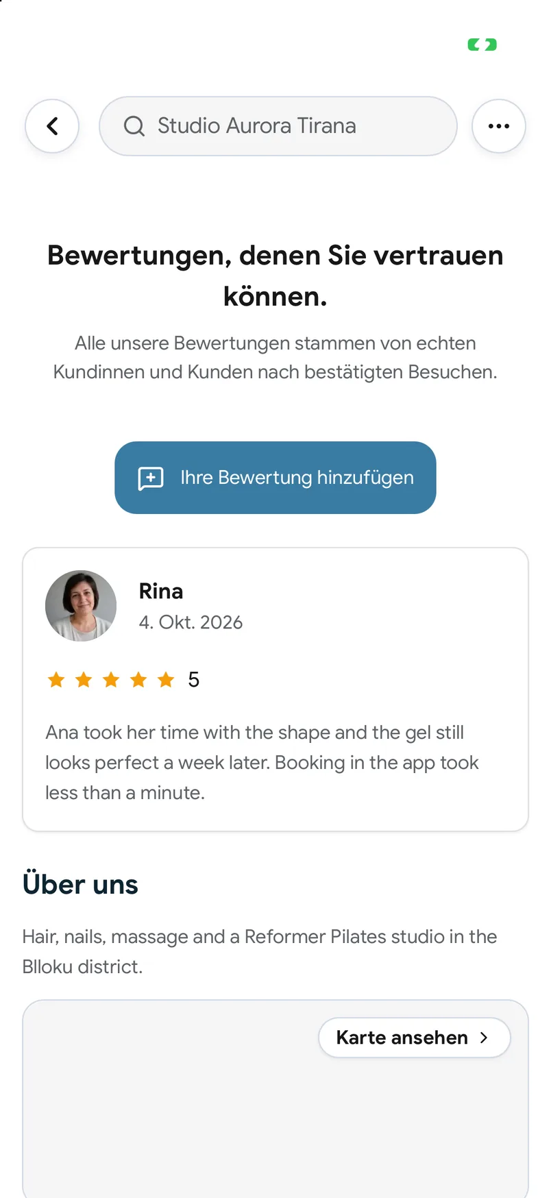 Bewertungen von abgeschlossenen Besuchen auf einer Standortseite in der EasyBook-App
