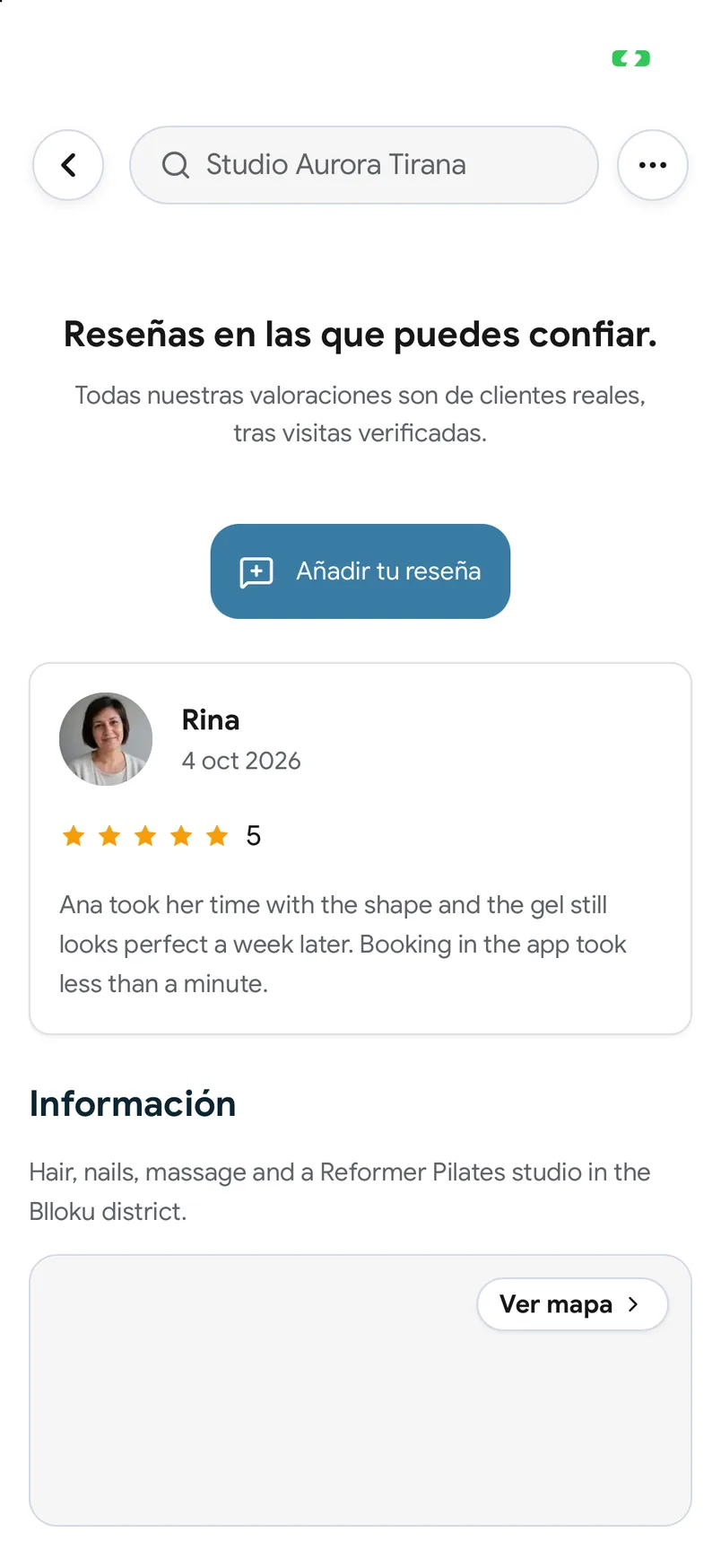 Reseñas de visitas completadas en la página de un centro en la app de EasyBook