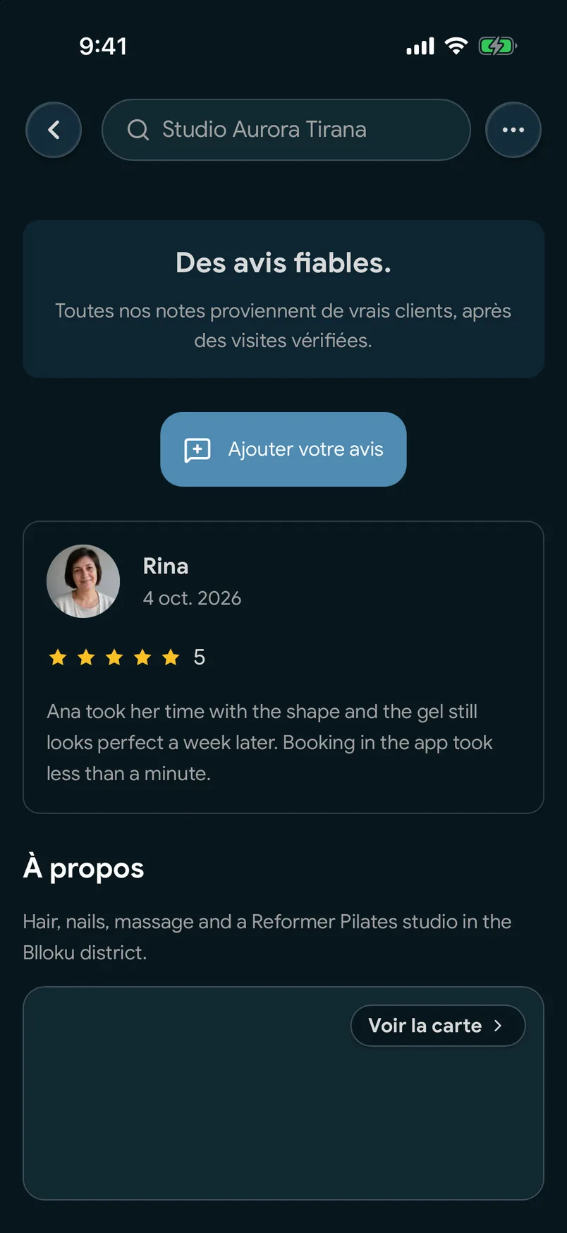 Avis issus de visites effectuées, sur la page d’un établissement dans l’application EasyBook