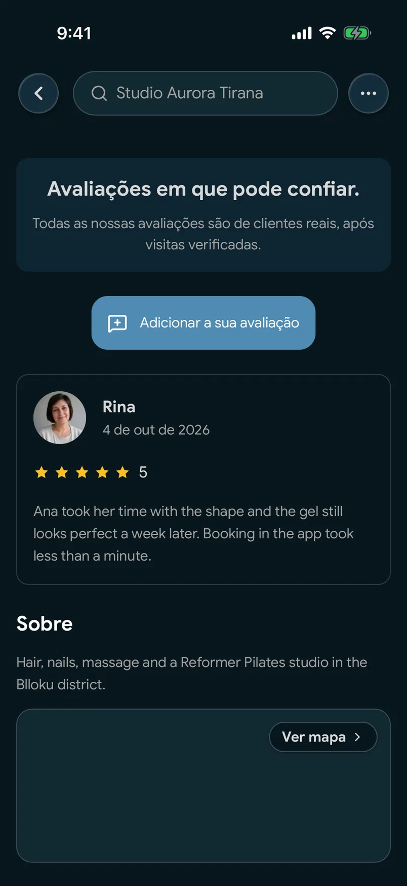 Avaliações de visitas concluídas numa página de estabelecimento na aplicação EasyBook