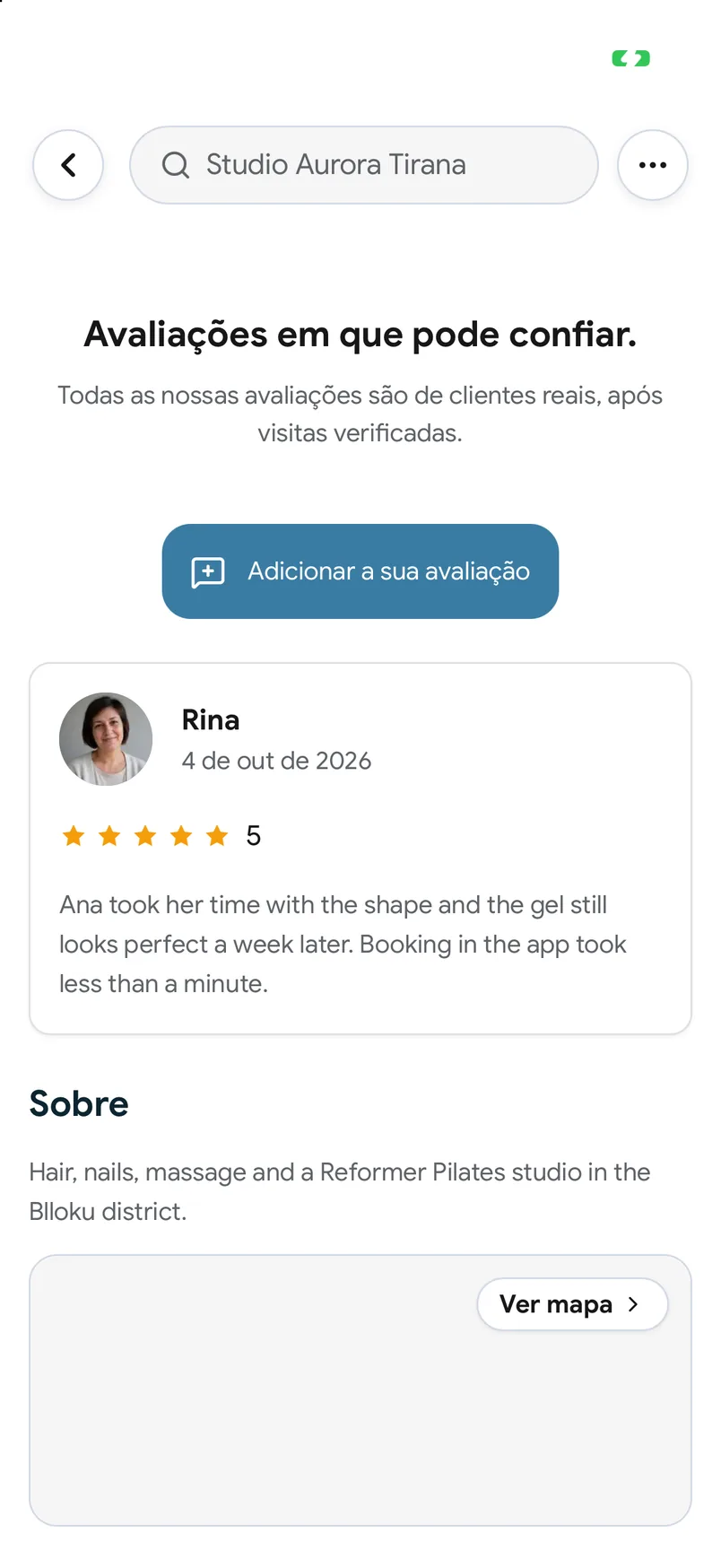 Avaliações de visitas concluídas numa página de estabelecimento na aplicação EasyBook