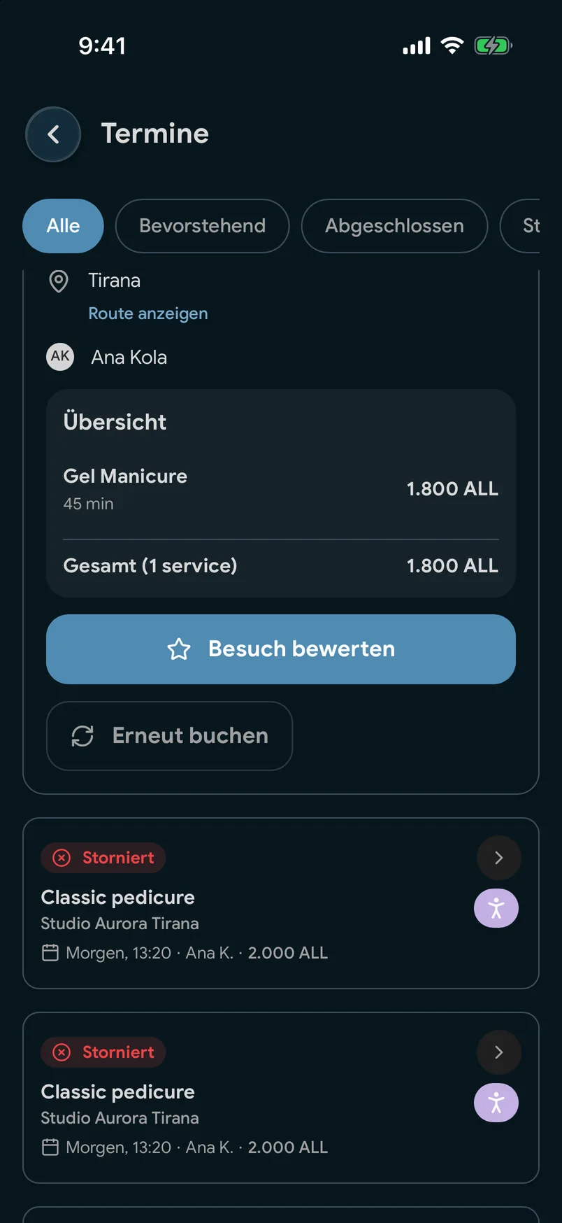 Vergangene Besuche mit einer Schaltfläche „Erneut buchen“ in der EasyBook-App