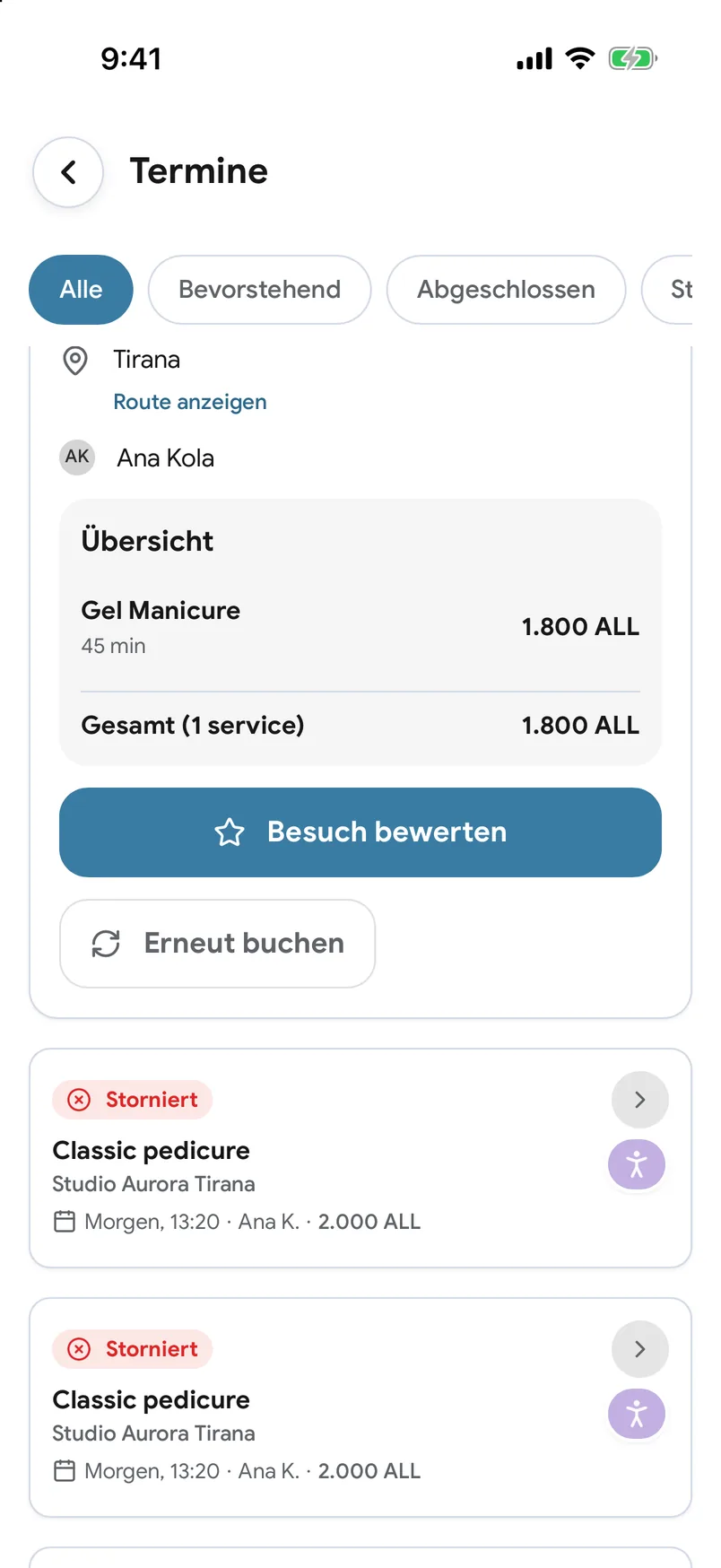 Vergangene Besuche mit einer Schaltfläche „Erneut buchen“ in der EasyBook-App