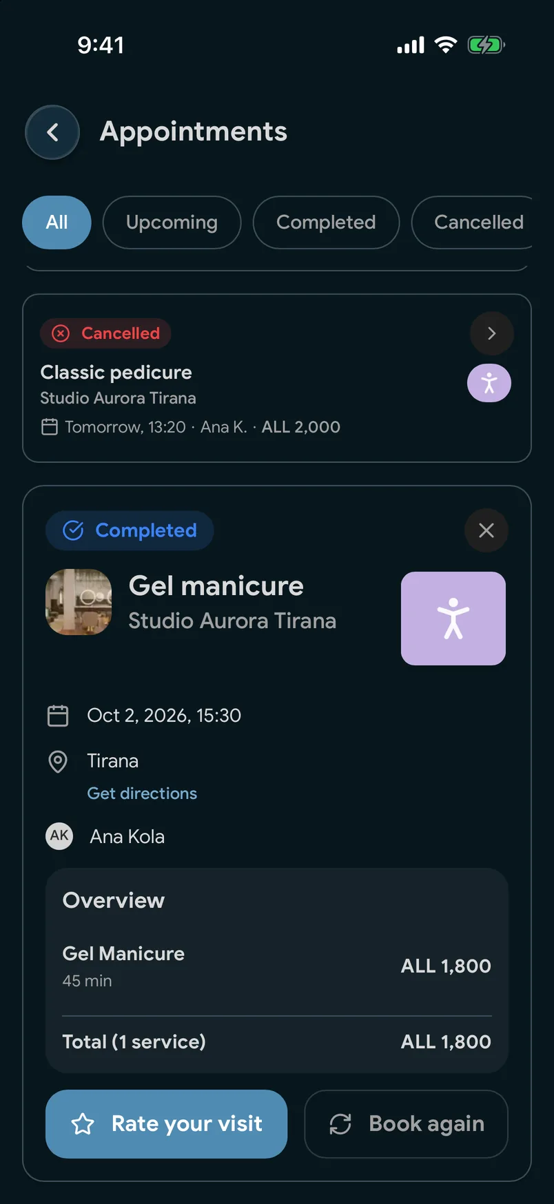 Past visits with a Book again button in the EasyBook app