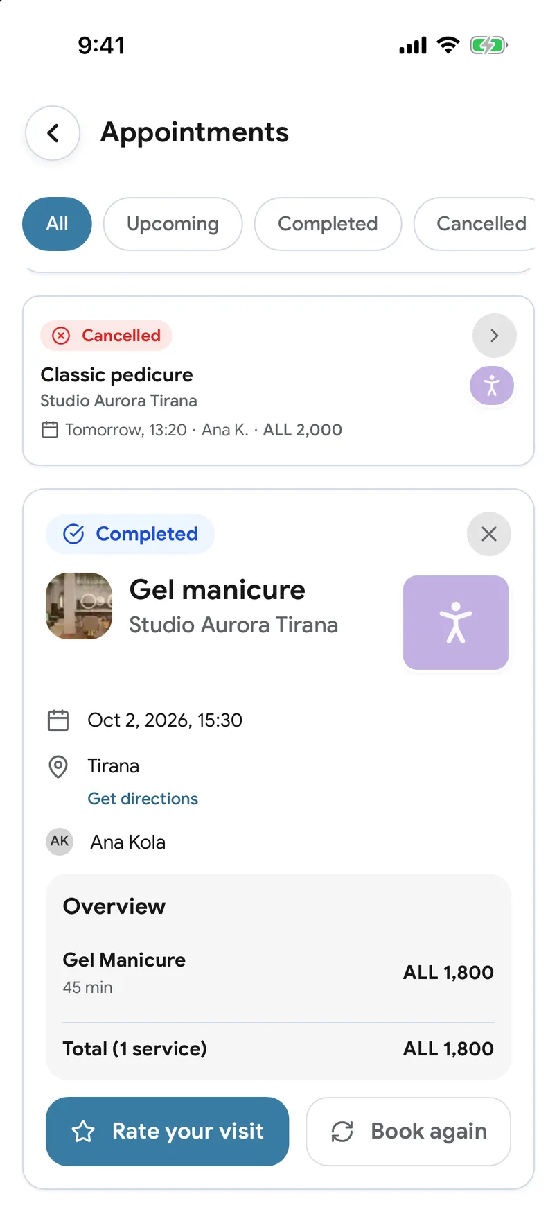 Past visits with a Book again button in the EasyBook app