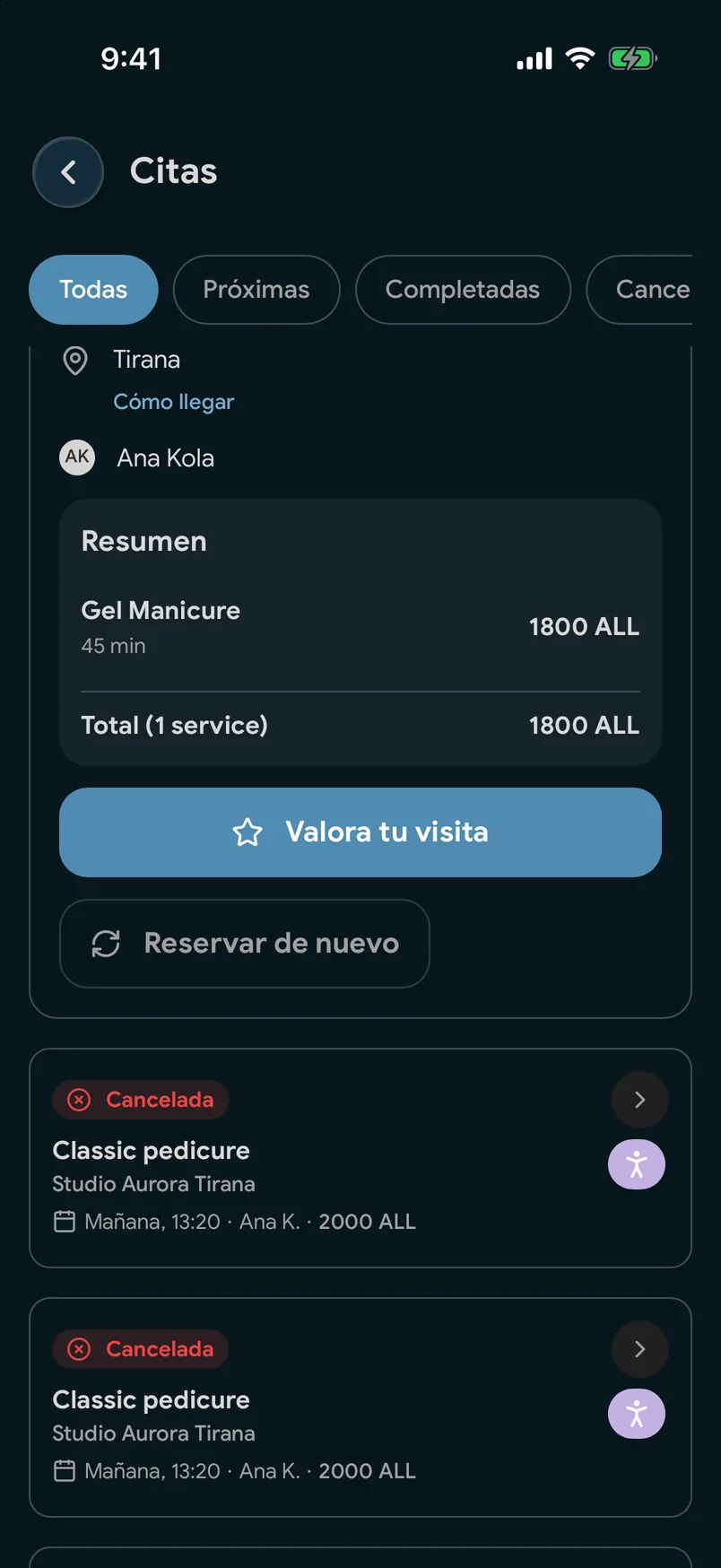 Visitas anteriores con un botón «Reservar de nuevo» en la app de EasyBook