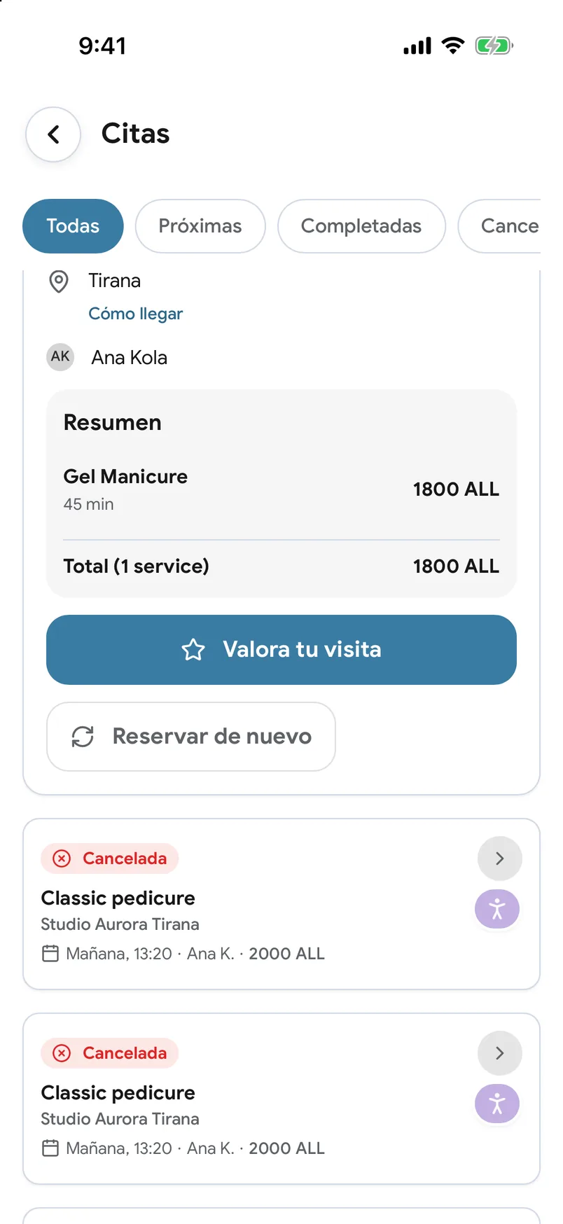 Visitas anteriores con un botón «Reservar de nuevo» en la app de EasyBook