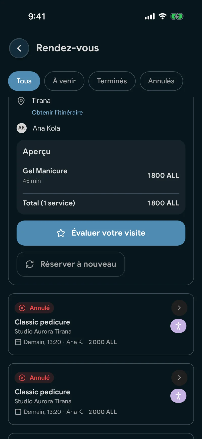 Visites passées avec un bouton « Réserver à nouveau » dans l’application EasyBook