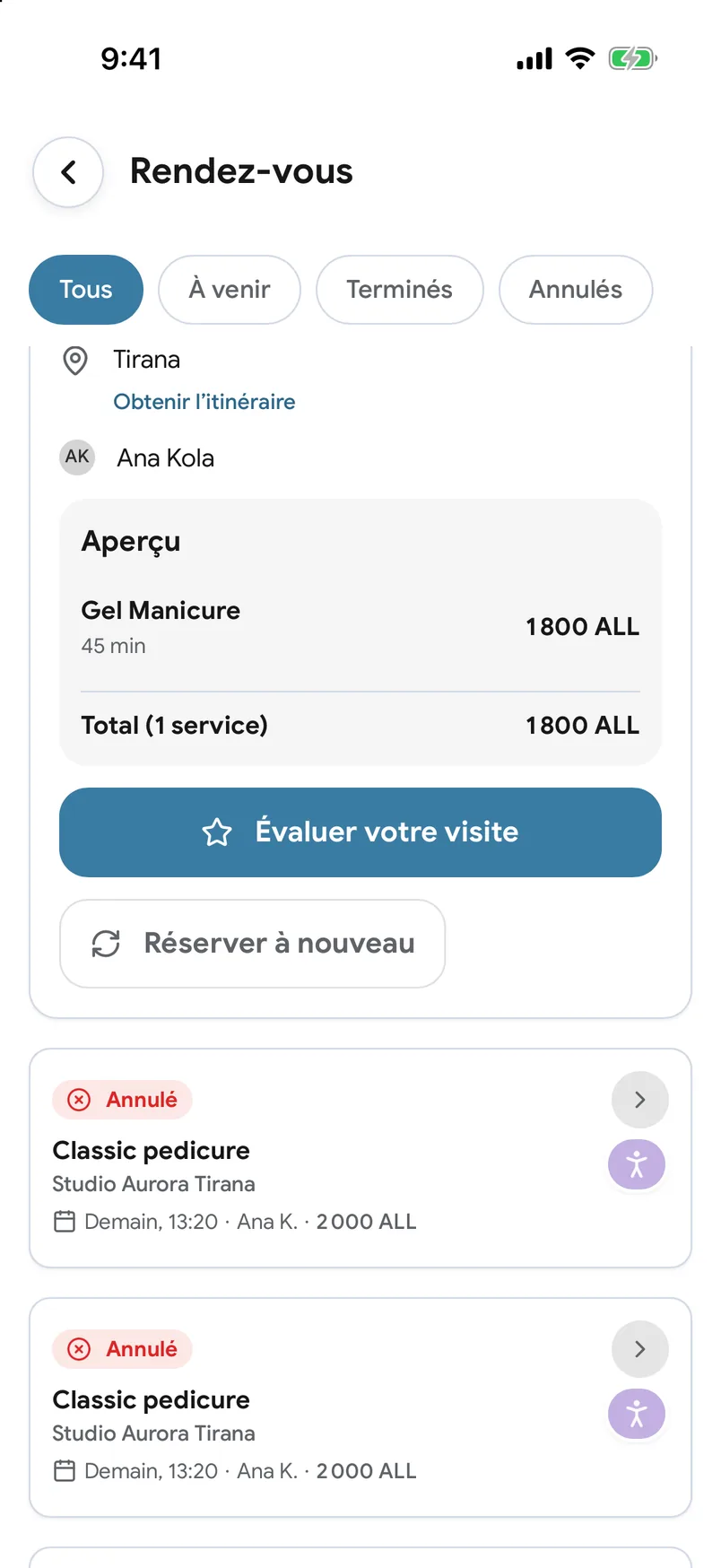 Visites passées avec un bouton « Réserver à nouveau » dans l’application EasyBook