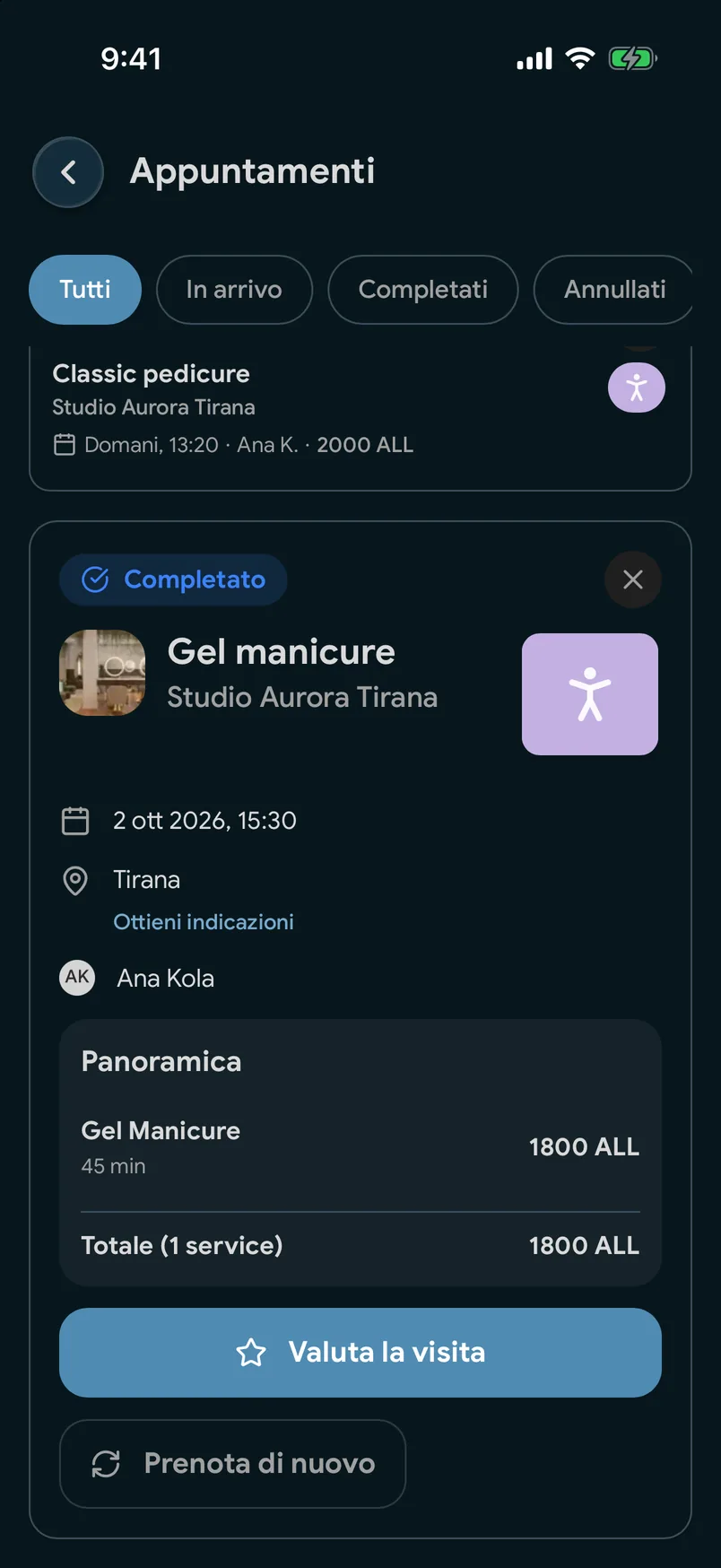 Visite passate con un pulsante «Prenota di nuovo» nell’app EasyBook