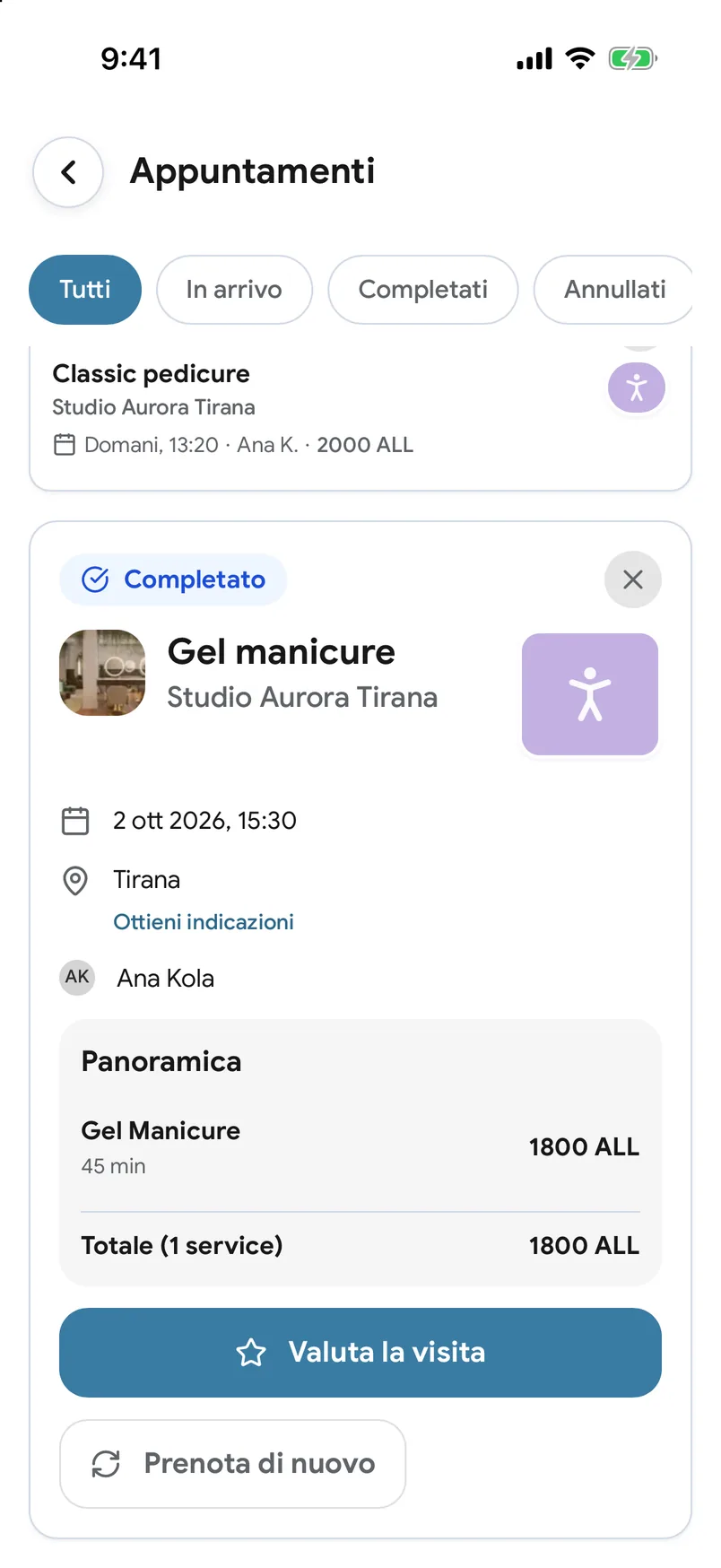 Visite passate con un pulsante «Prenota di nuovo» nell’app EasyBook
