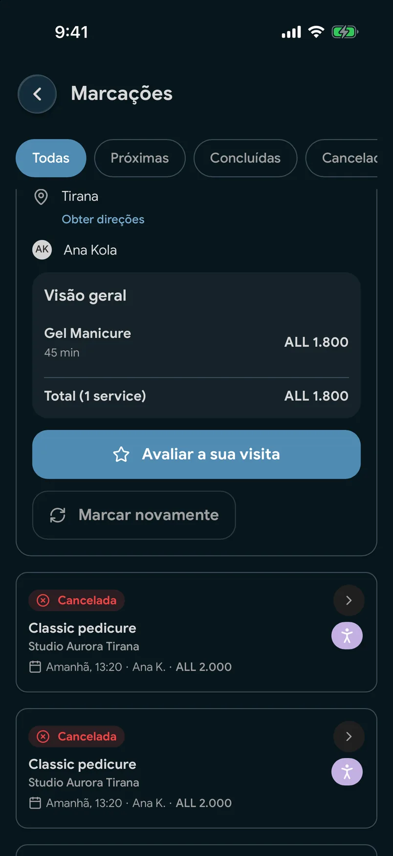 Visitas anteriores com um botão «Marcar novamente» na aplicação EasyBook