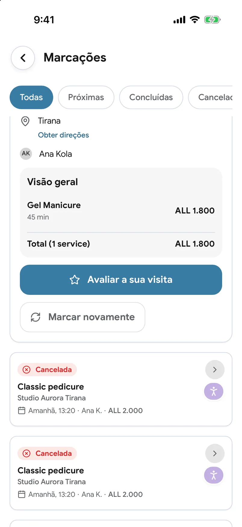 Visitas anteriores com um botão «Marcar novamente» na aplicação EasyBook