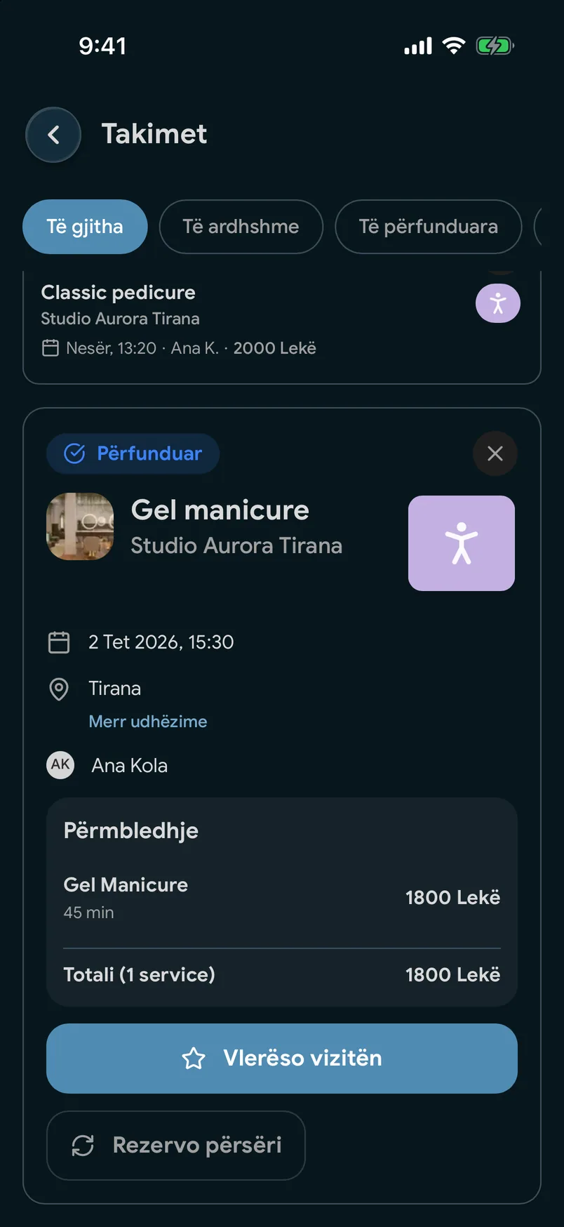 Vizita të kaluara me një buton «Rezervoni përsëri» në aplikacionin EasyBook