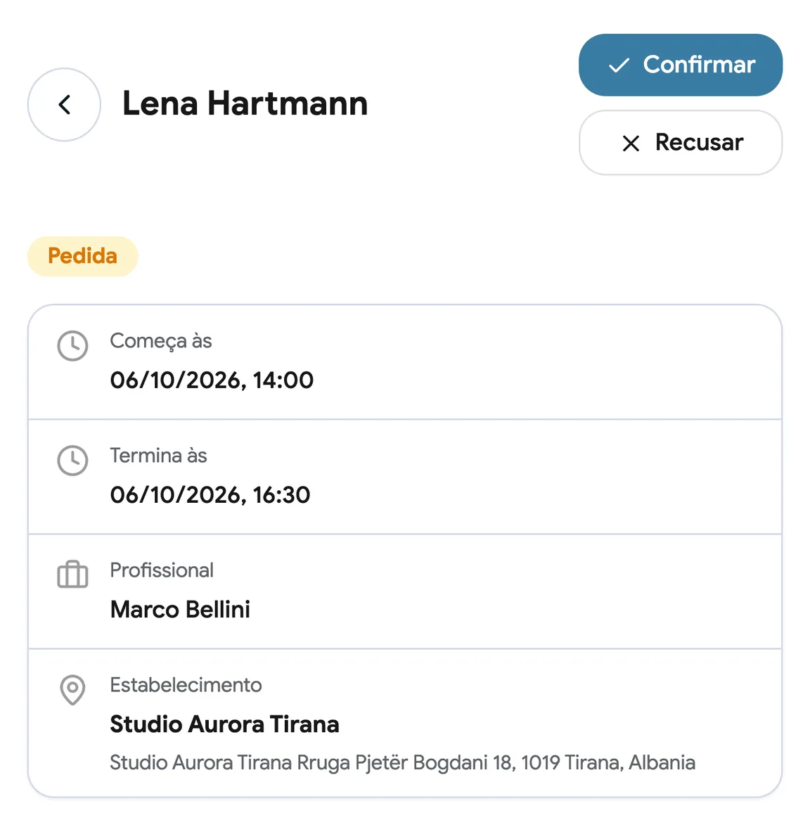 Um pedido de marcação à espera de aprovação