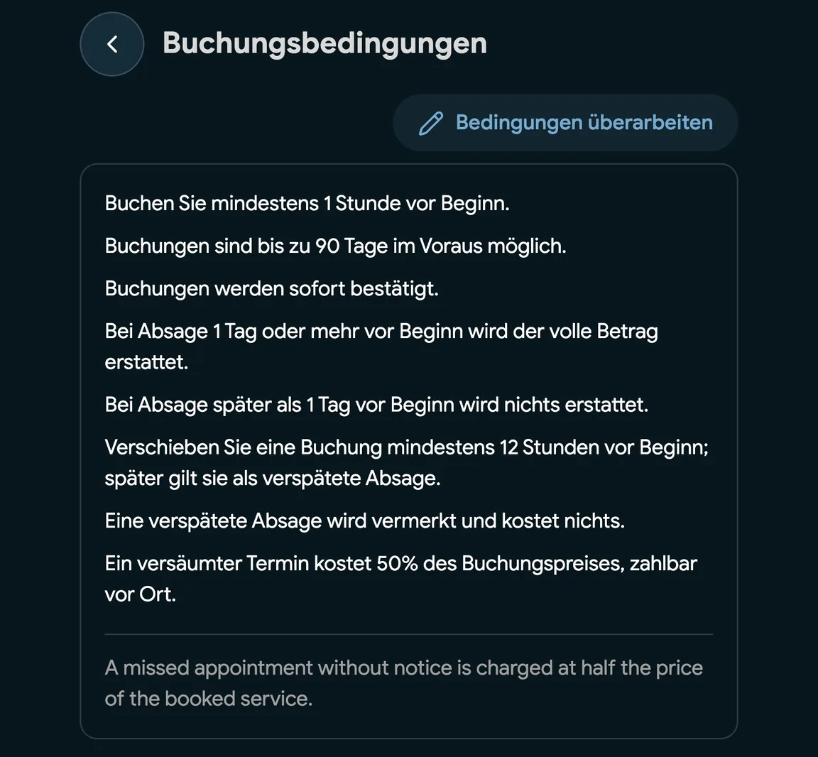 Buchungsbedingungen mit einer Gebühr bei Nichterscheinen