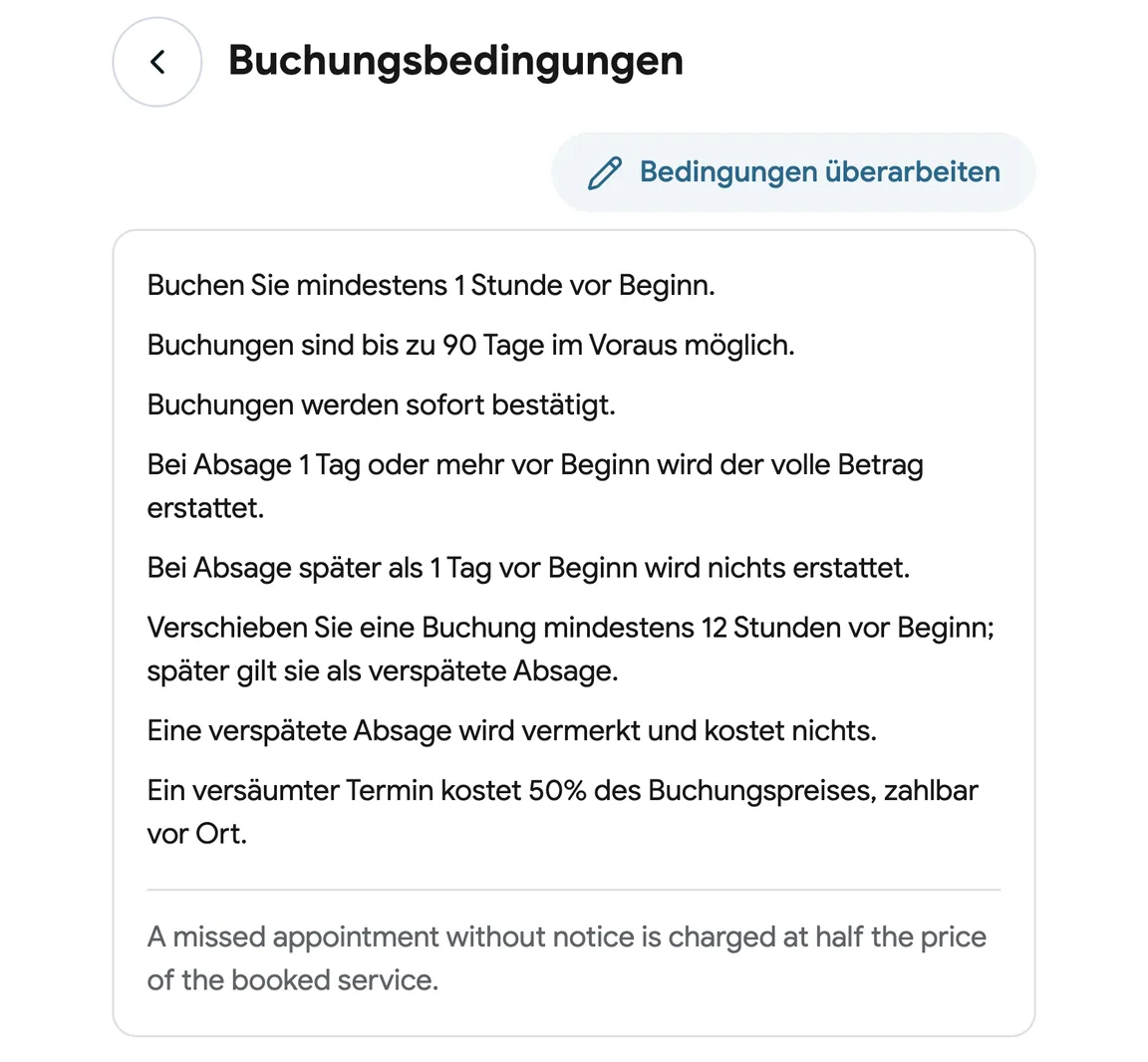 Buchungsbedingungen mit einer Gebühr bei Nichterscheinen