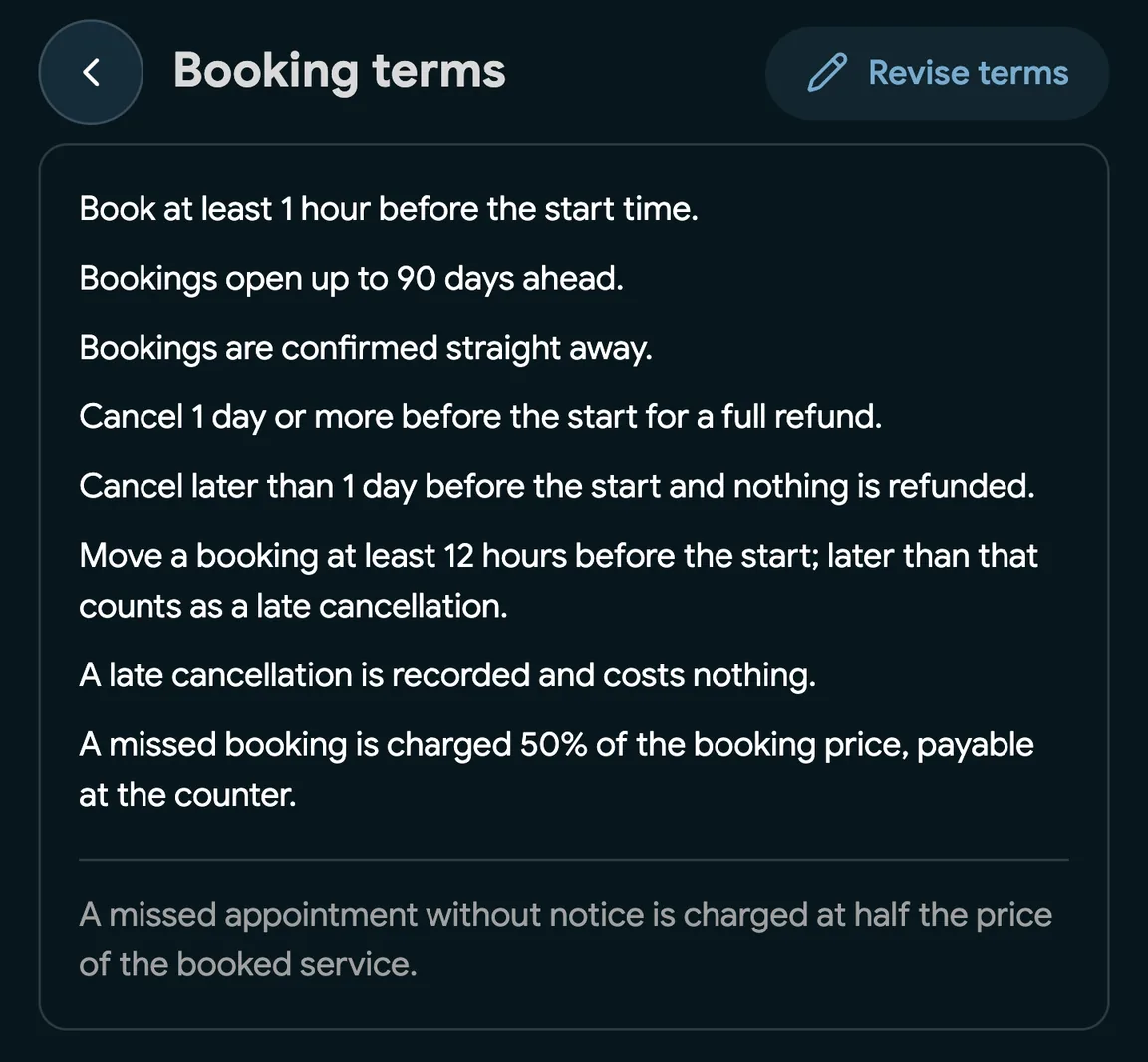 Booking terms with a no-show fee