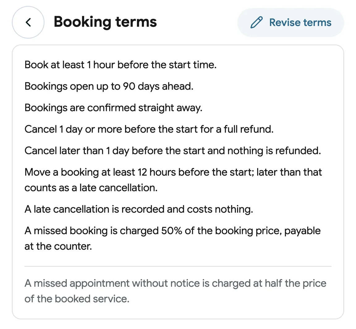 Booking terms with a no-show fee