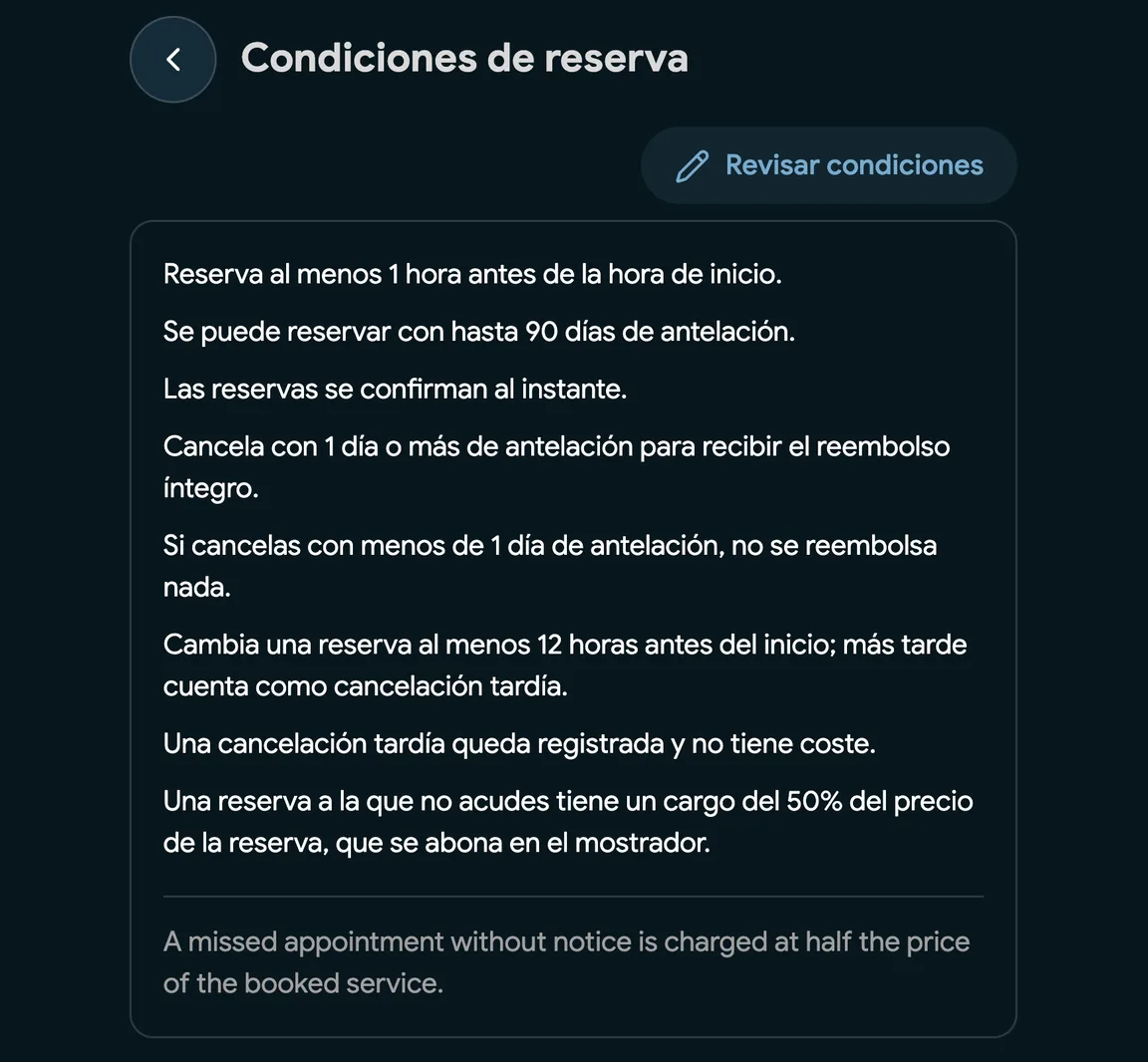 Condiciones de reserva con una tarifa por no presentado