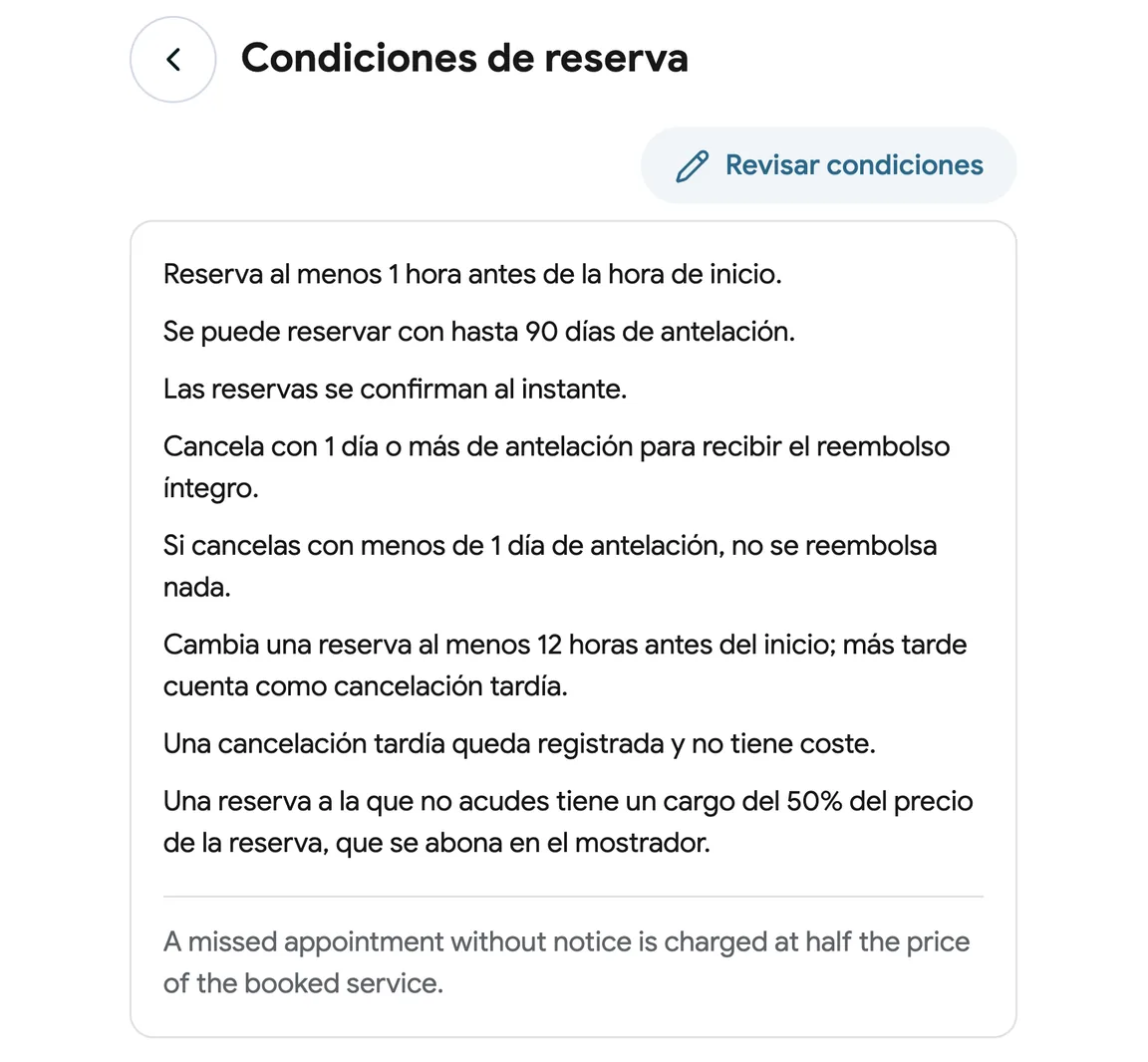 Condiciones de reserva con una tarifa por no presentado