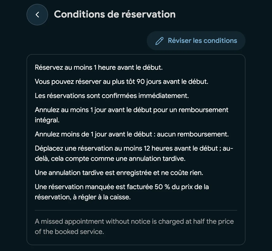 Des conditions de réservation avec des frais d’absence