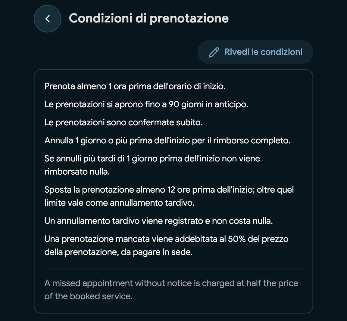 Condizioni di prenotazione con una penale per assenza senza preavviso