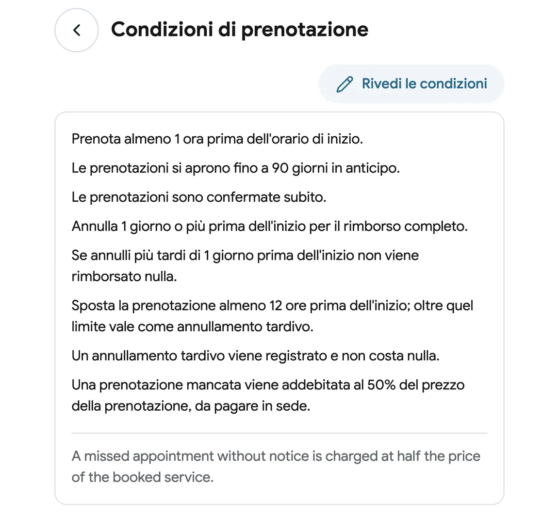 Condizioni di prenotazione con una penale per assenza senza preavviso