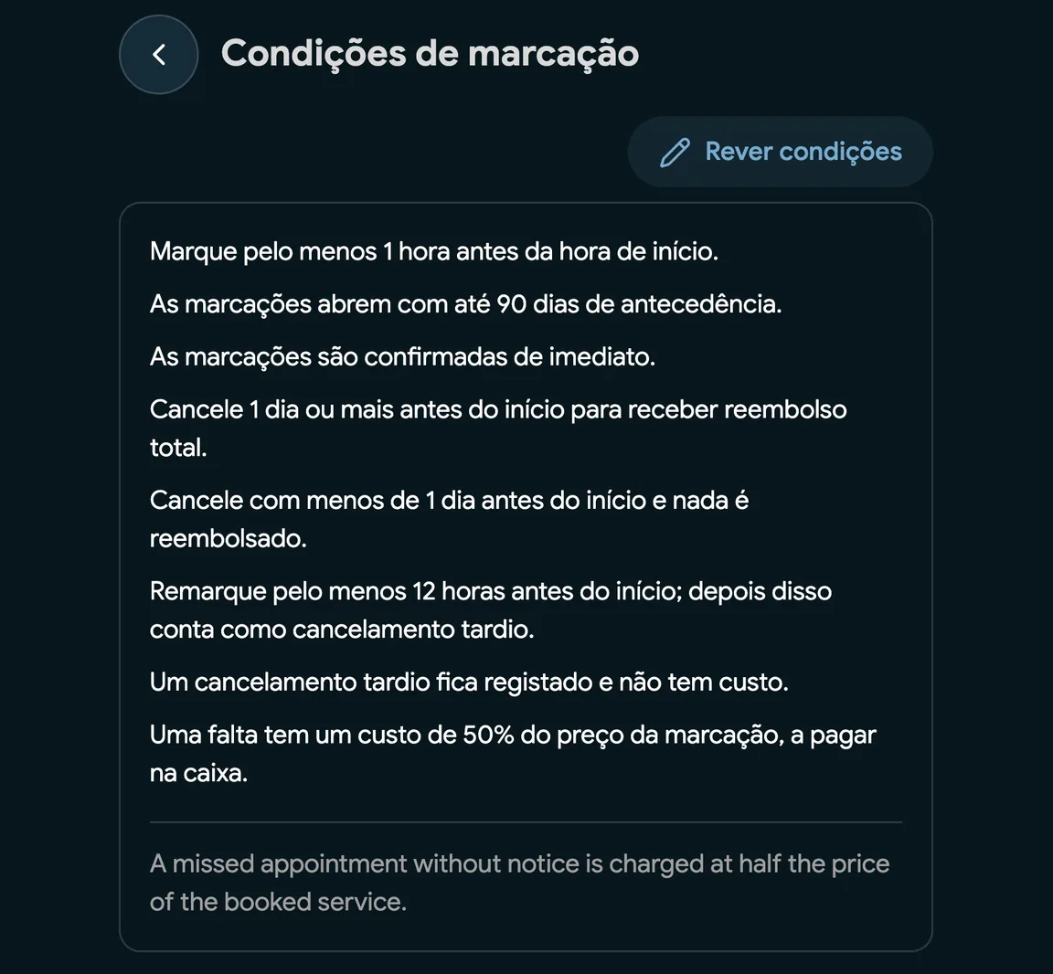 Condições de marcação com taxa de falta