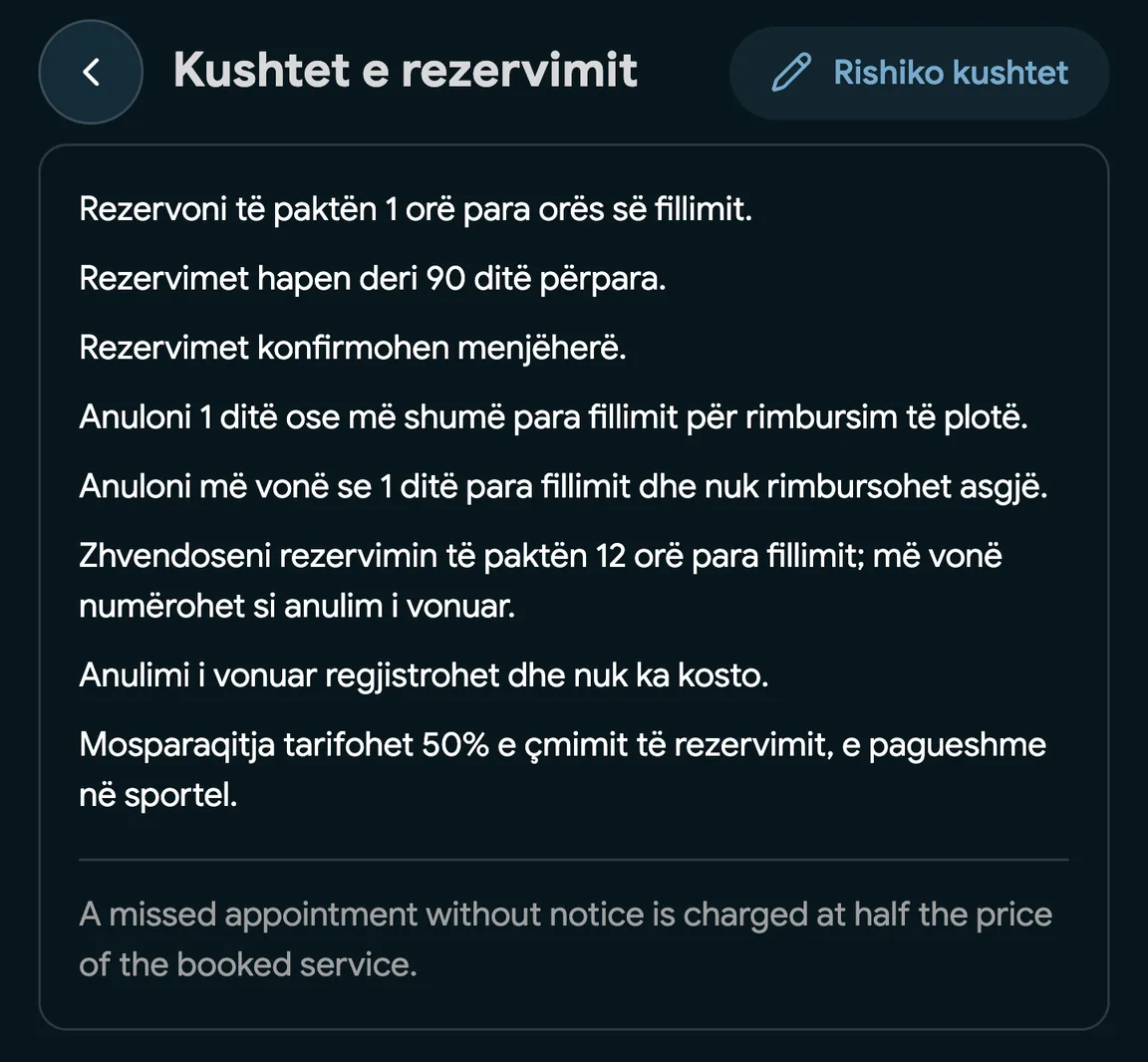 Kushtet e rezervimit me tarifë për mosparaqitje