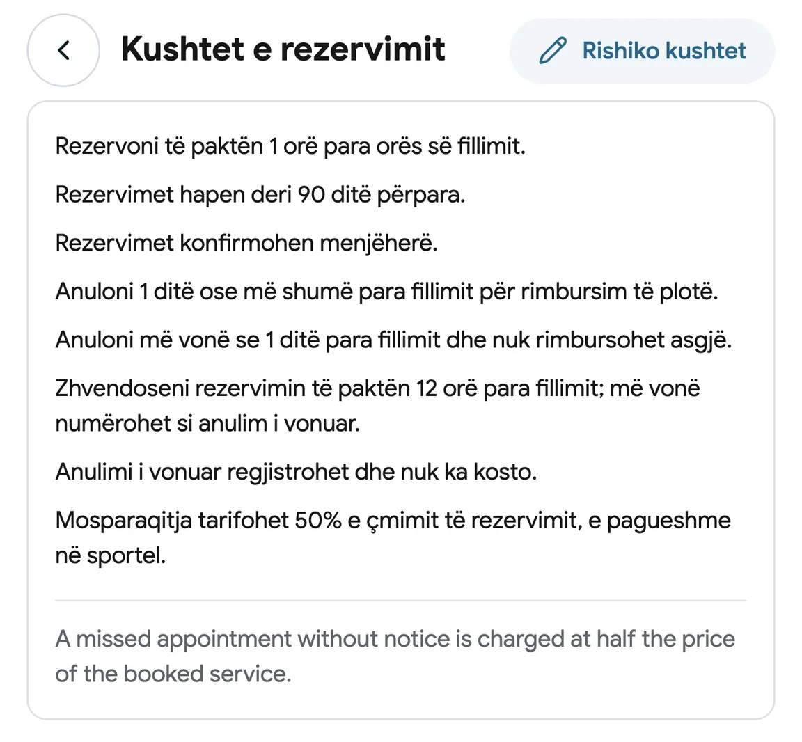 Kushtet e rezervimit me tarifë për mosparaqitje