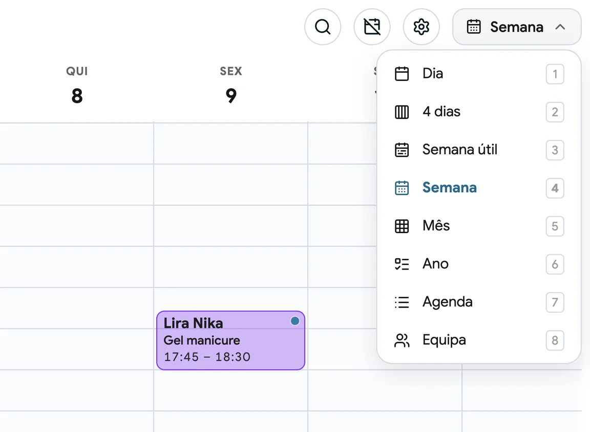 O calendário EasyBook na vista semanal
