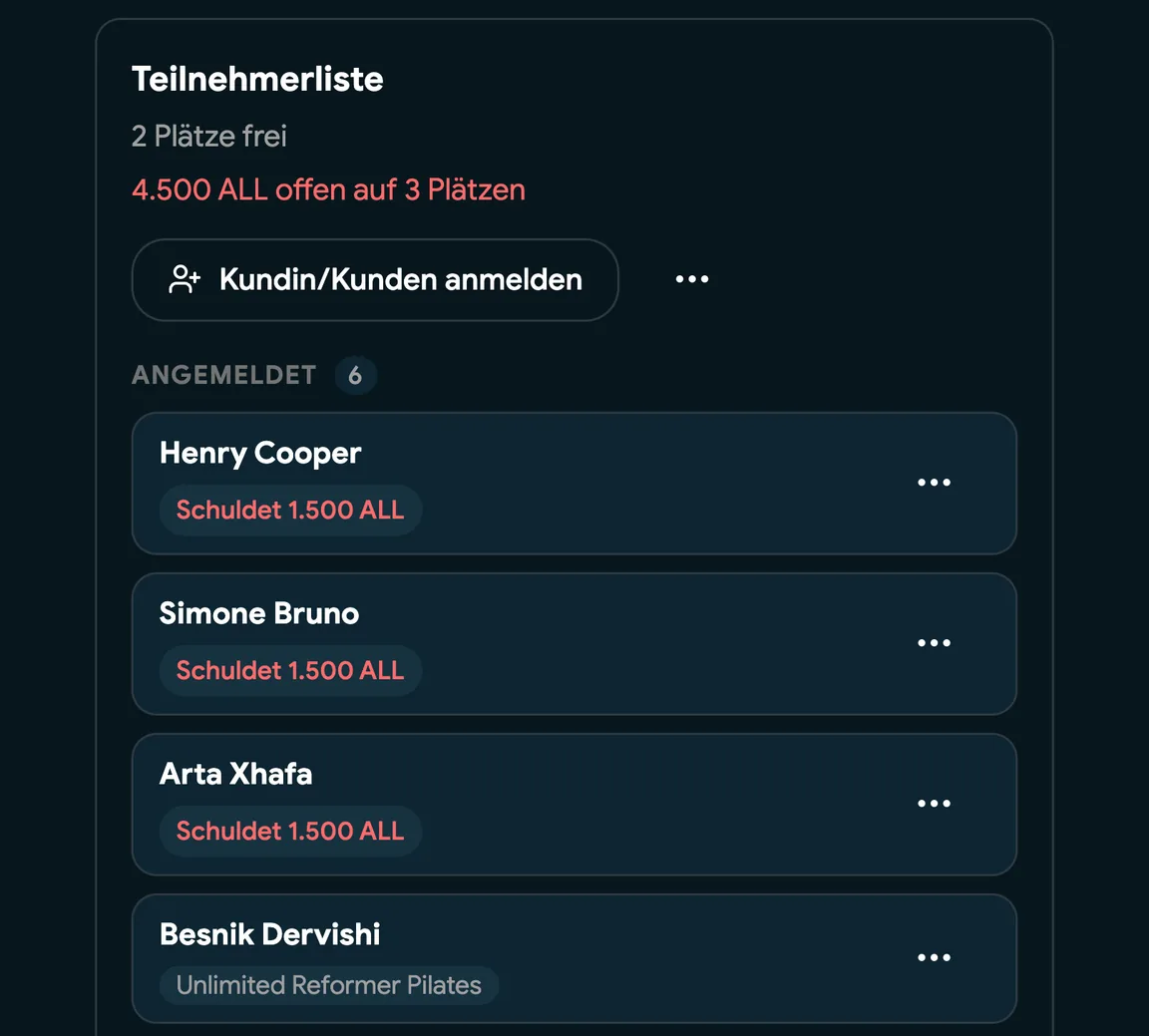 Eine Kursliste mit eingecheckten Kunden