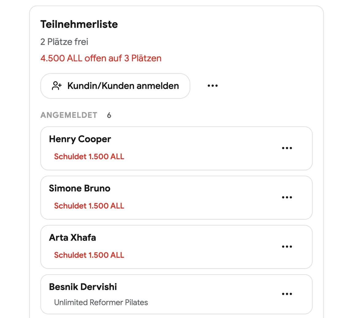 Eine Kursliste mit eingecheckten Kunden