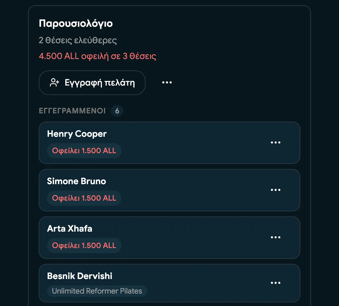Λίστα συμμετεχόντων μαθήματος με δηλωμένες αφίξεις πελατών