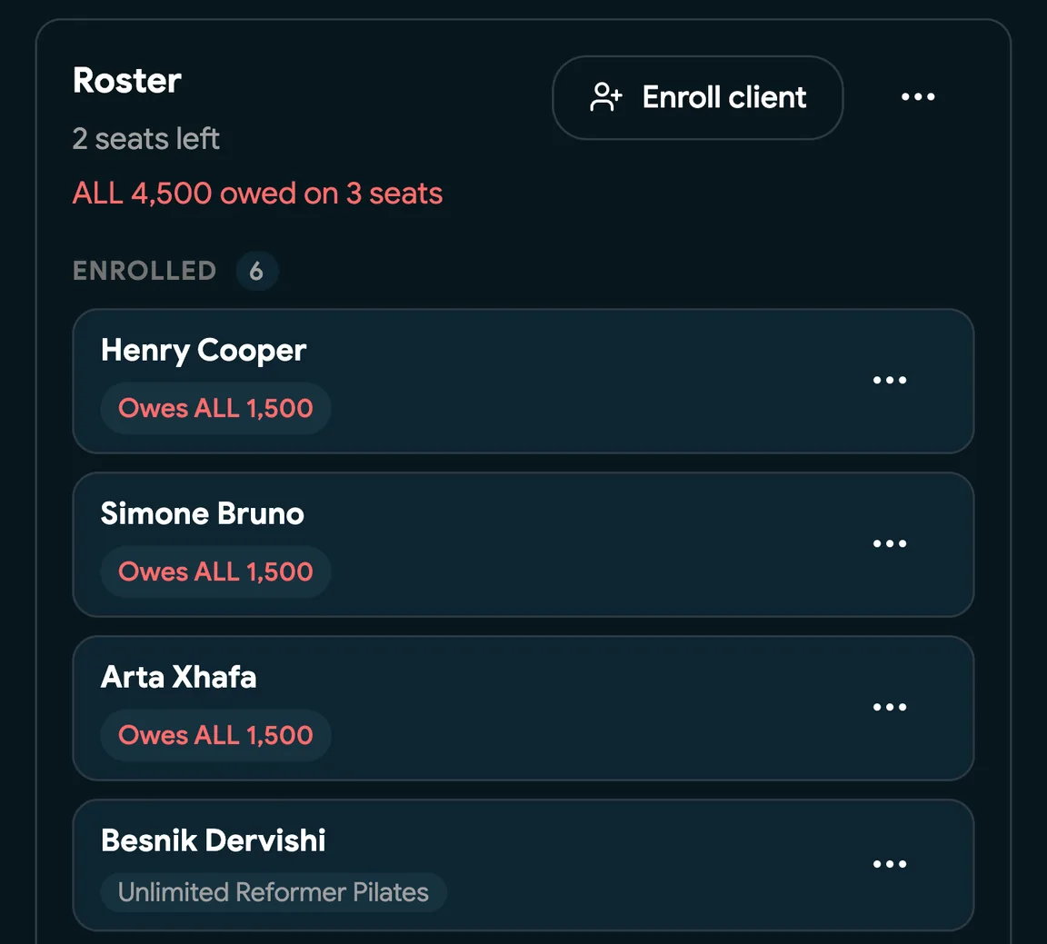 A class roster with clients checked in
