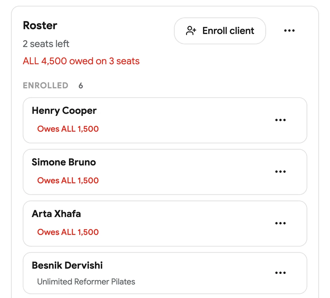 A class roster with clients checked in
