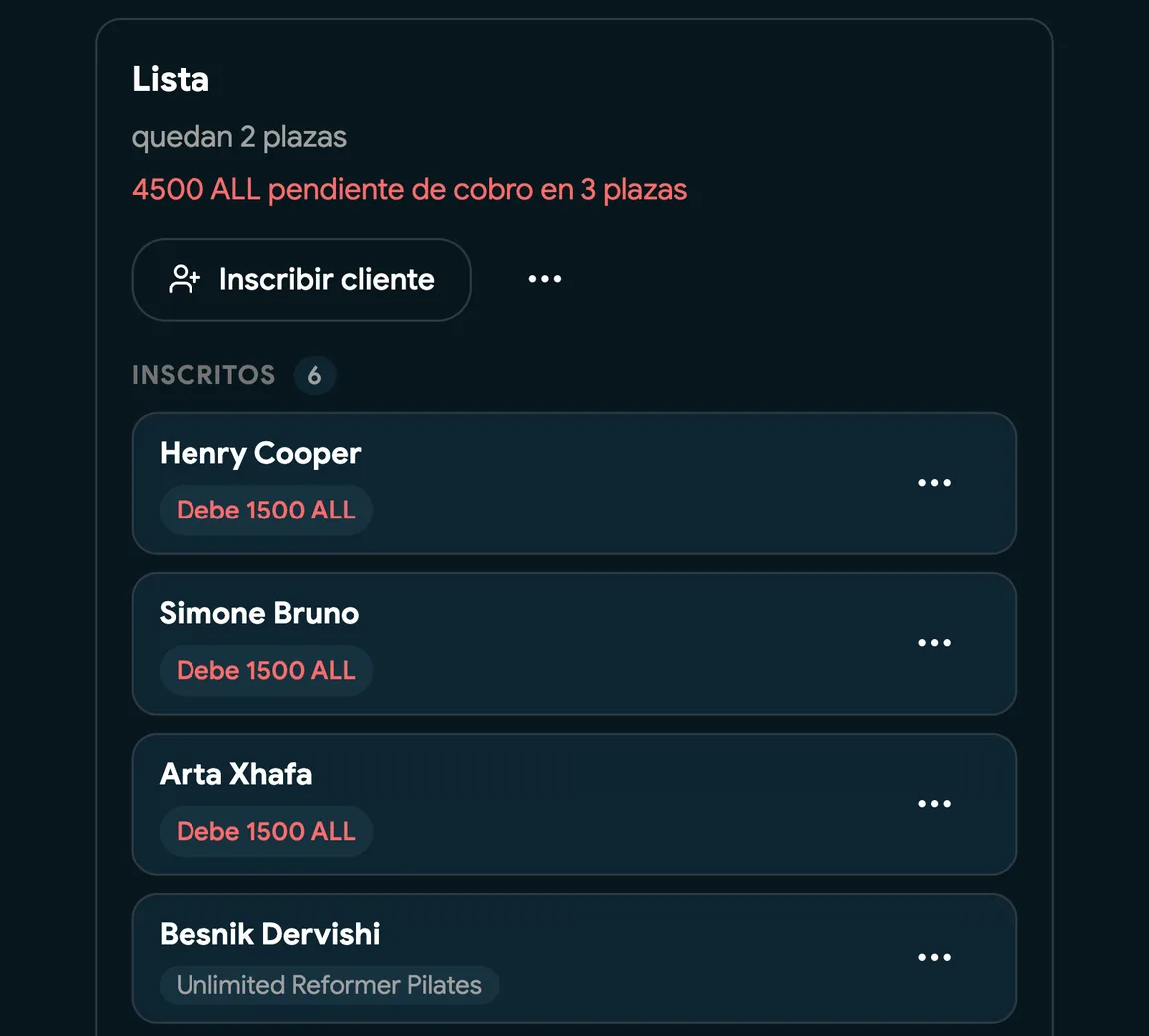 Una lista de clase con clientes con la llegada registrada