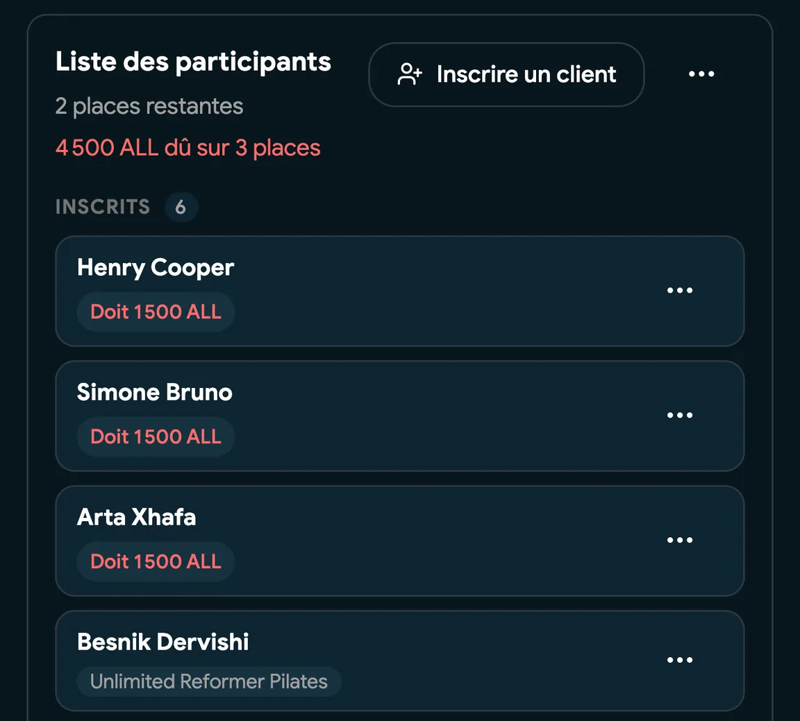 La liste des participants d’un cours avec les arrivées enregistrées