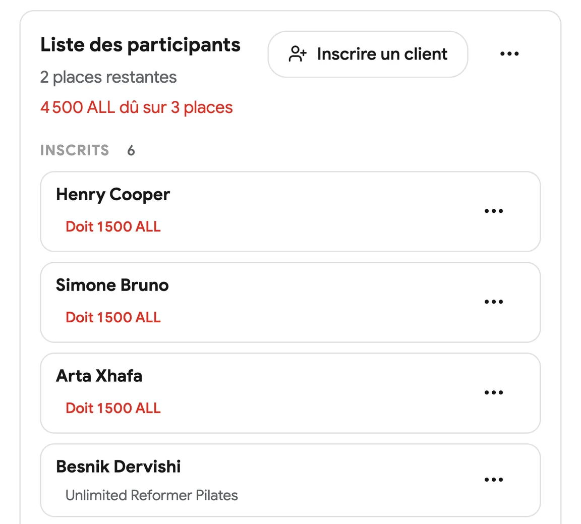La liste des participants d’un cours avec les arrivées enregistrées
