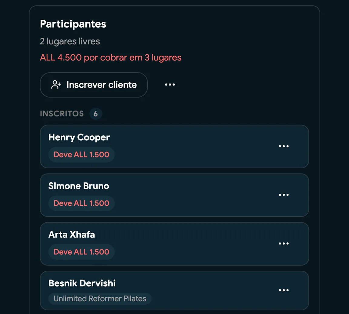 A lista de participantes de uma aula com as chegadas dos clientes registadas