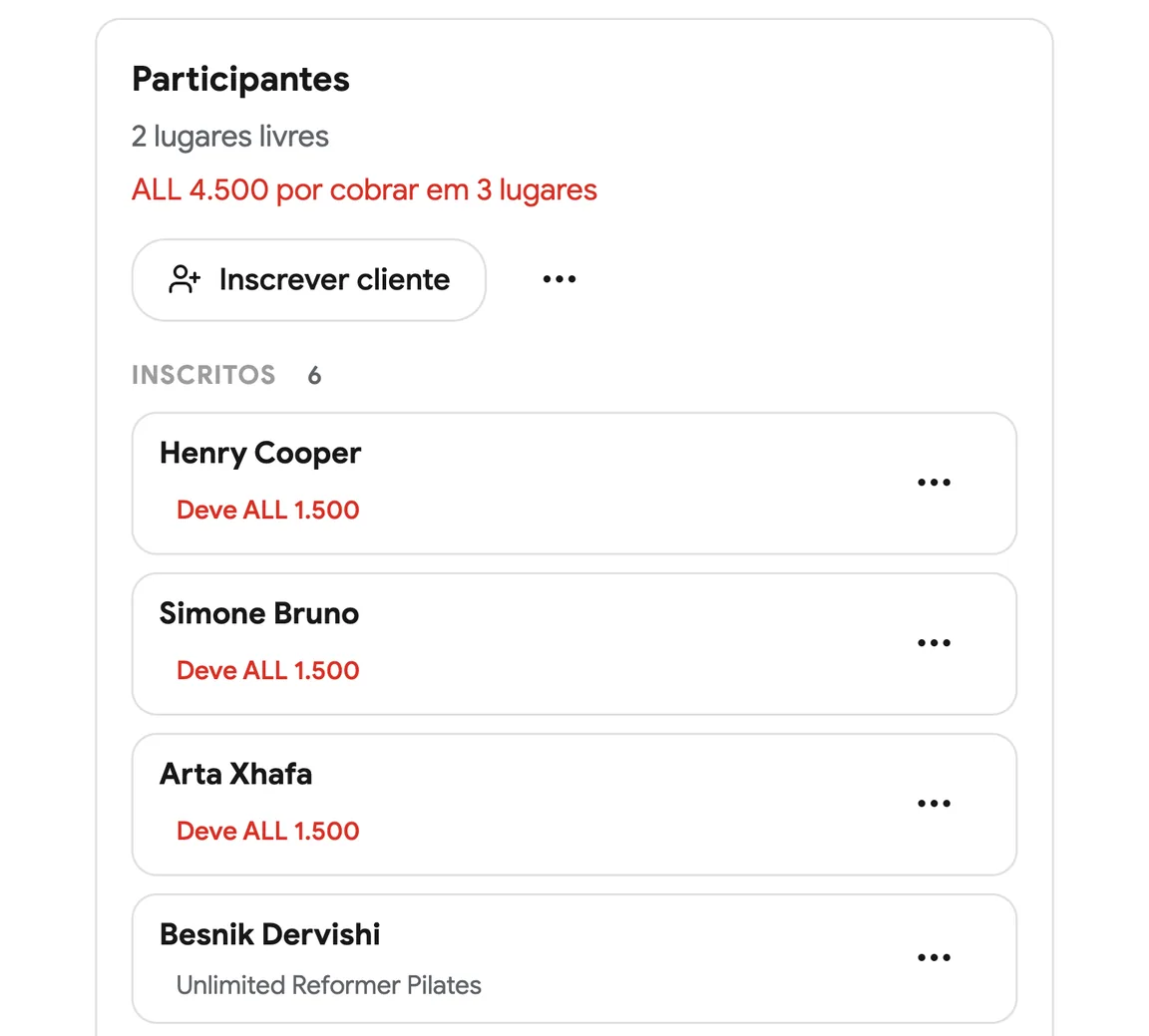 A lista de participantes de uma aula com as chegadas dos clientes registadas