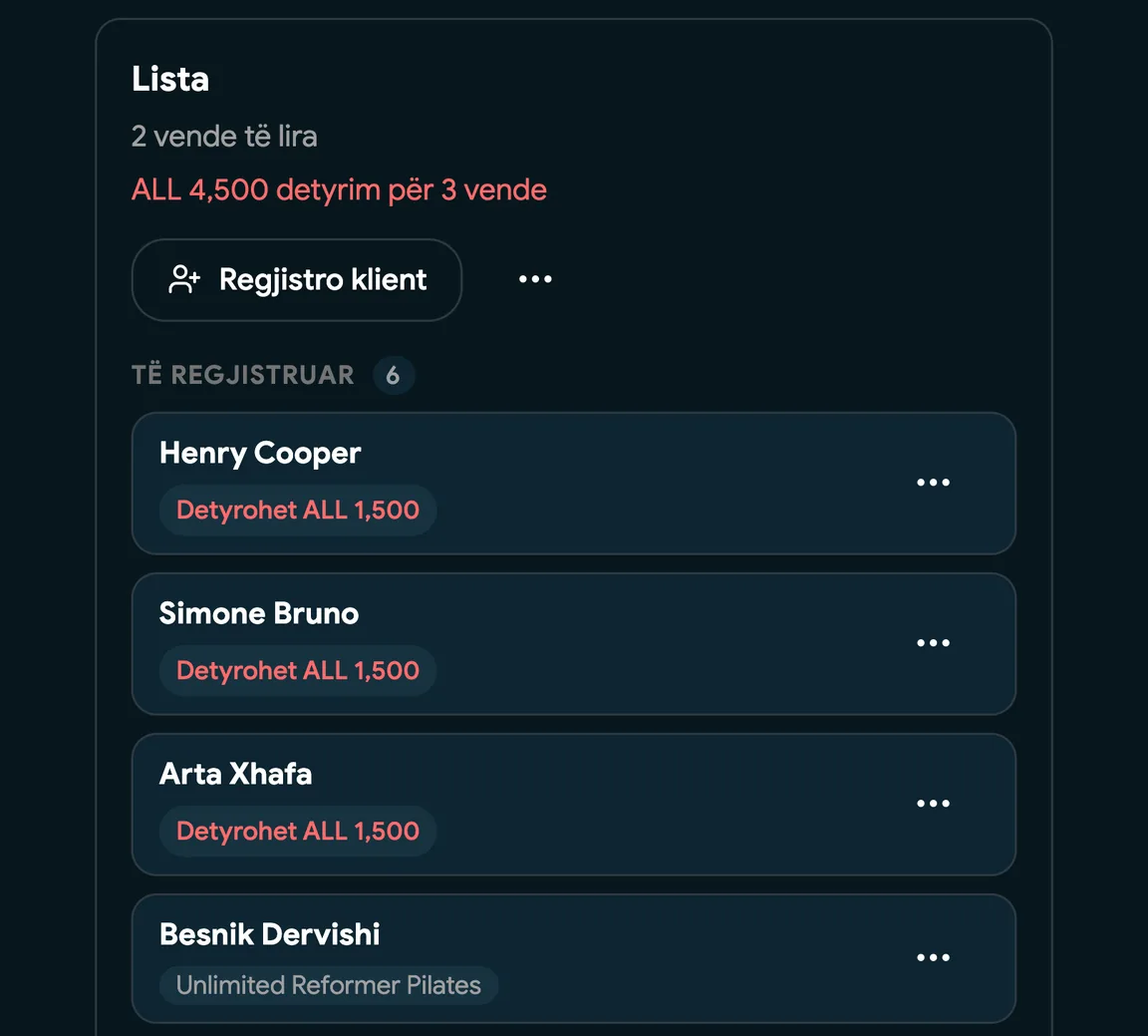 Lista e një kursi me klientët e regjistruar në arritje