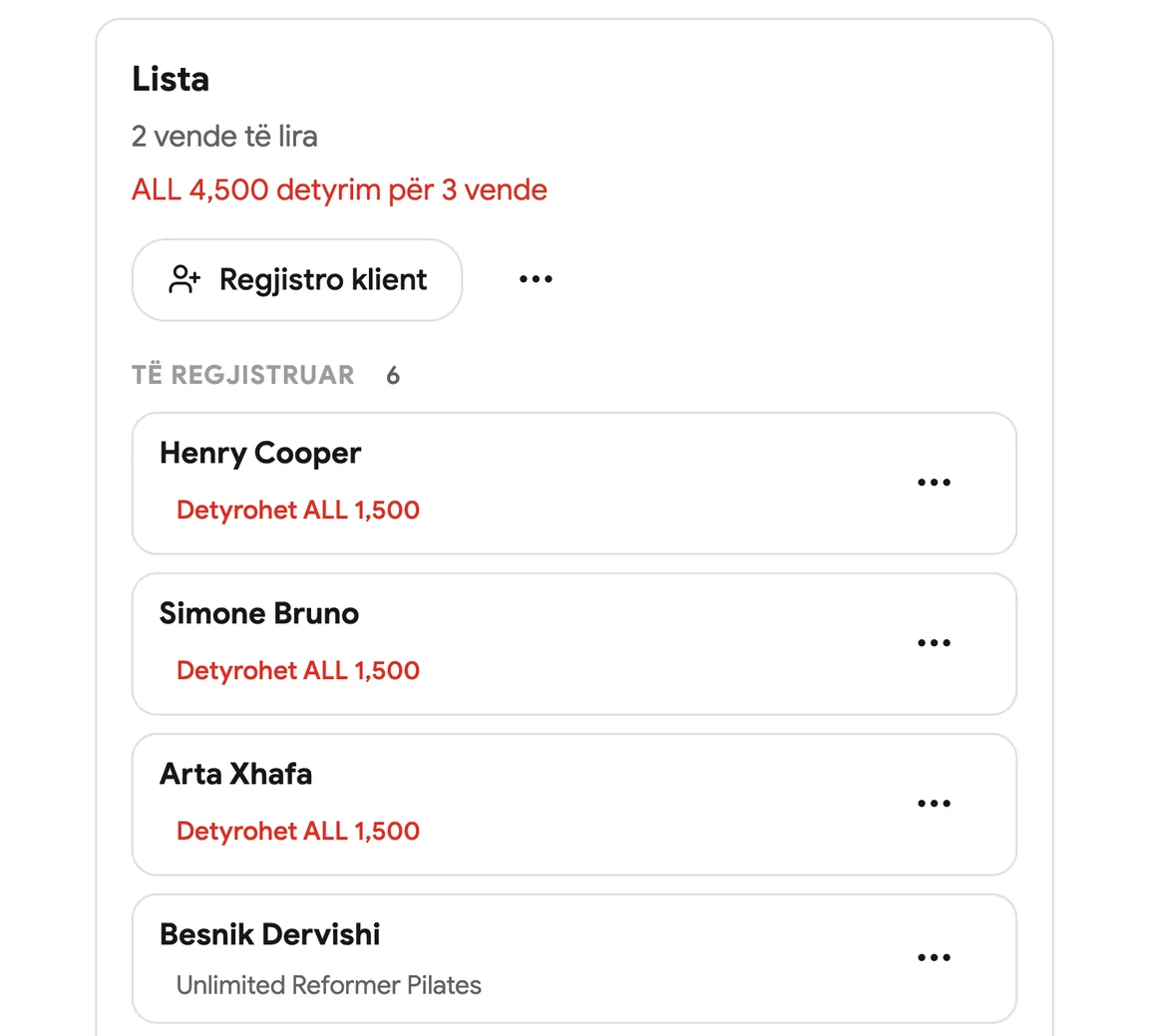 Lista e një kursi me klientët e regjistruar në arritje
