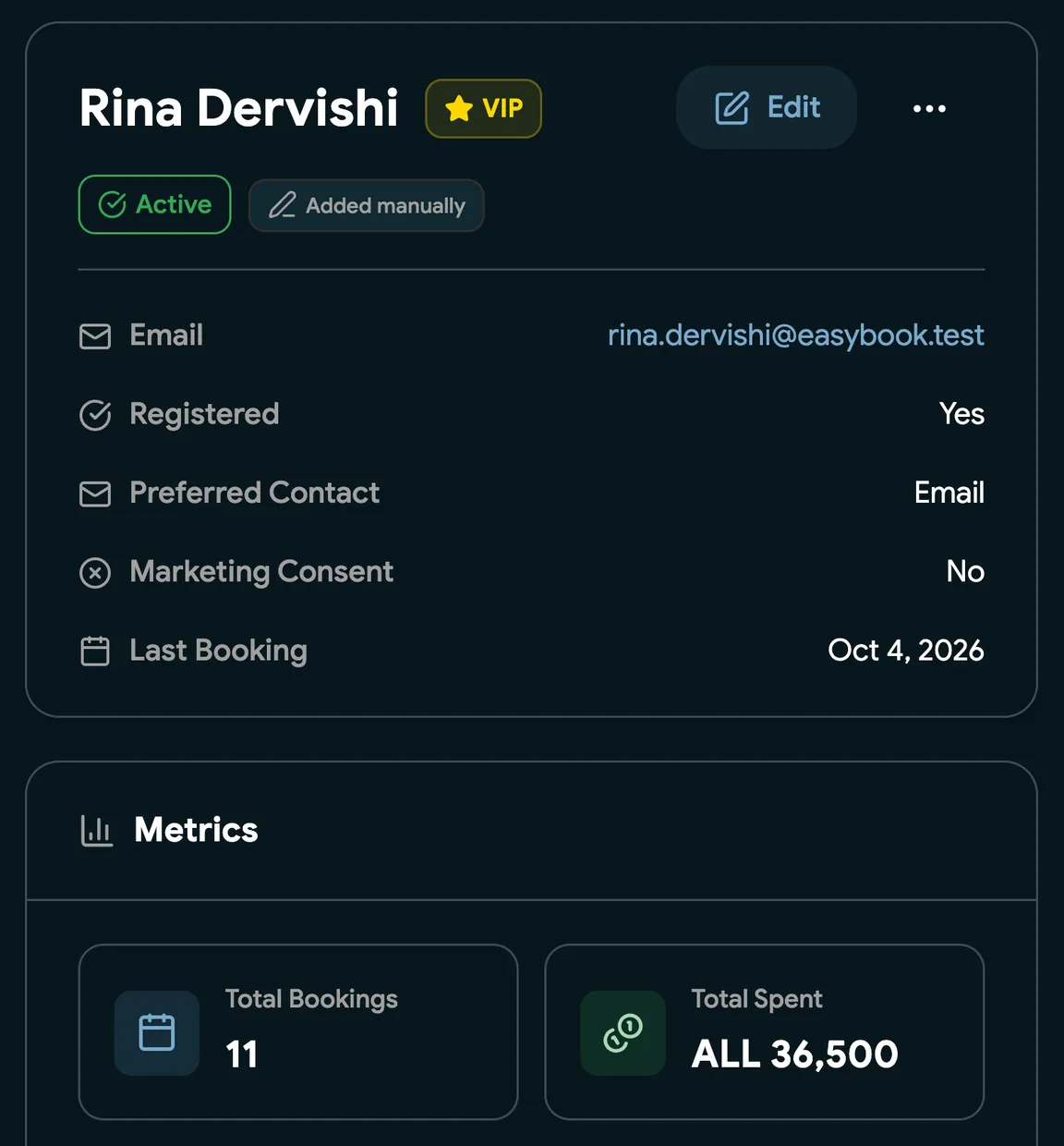 A client profile with appointment history and notes