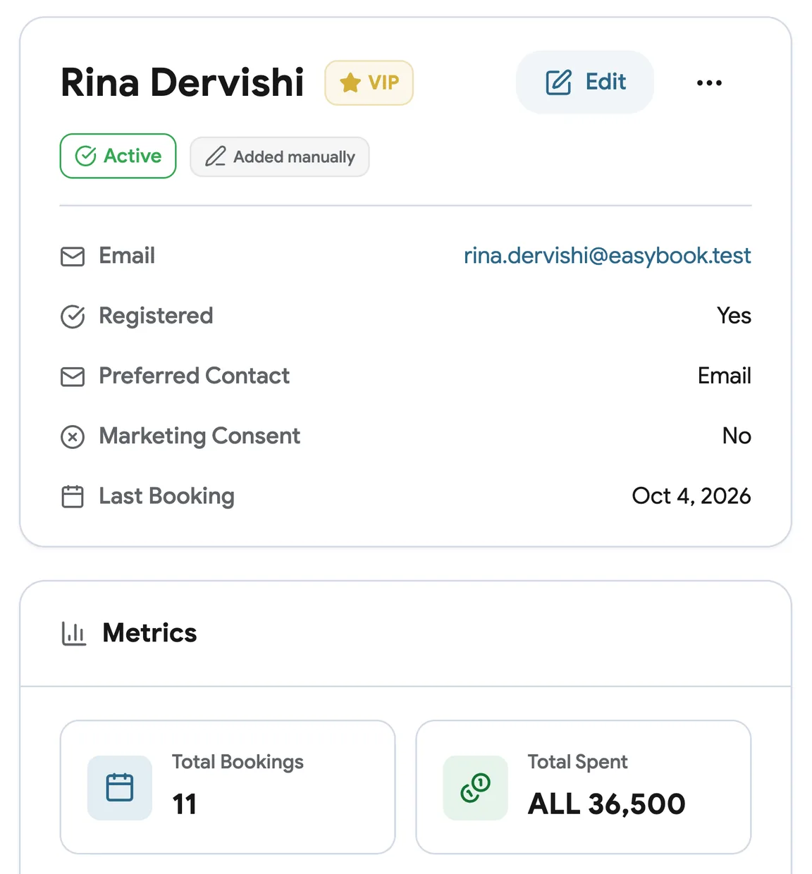 A client profile with appointment history and notes
