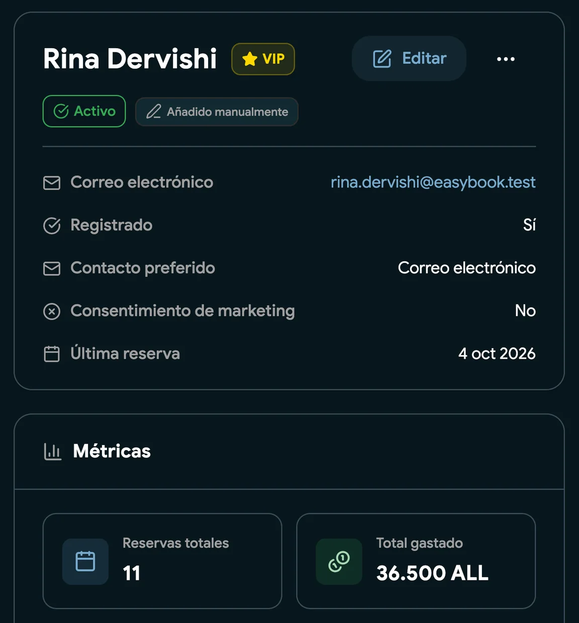 Un perfil de cliente con historial de citas y notas
